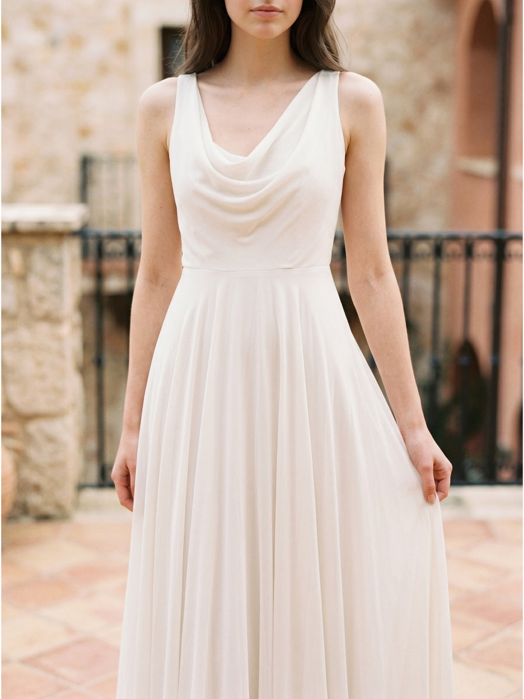Ivory Chiffon A-Line Cowl Neck Back Zip Floor-Length Bridesmaid Dress with Pleated Details