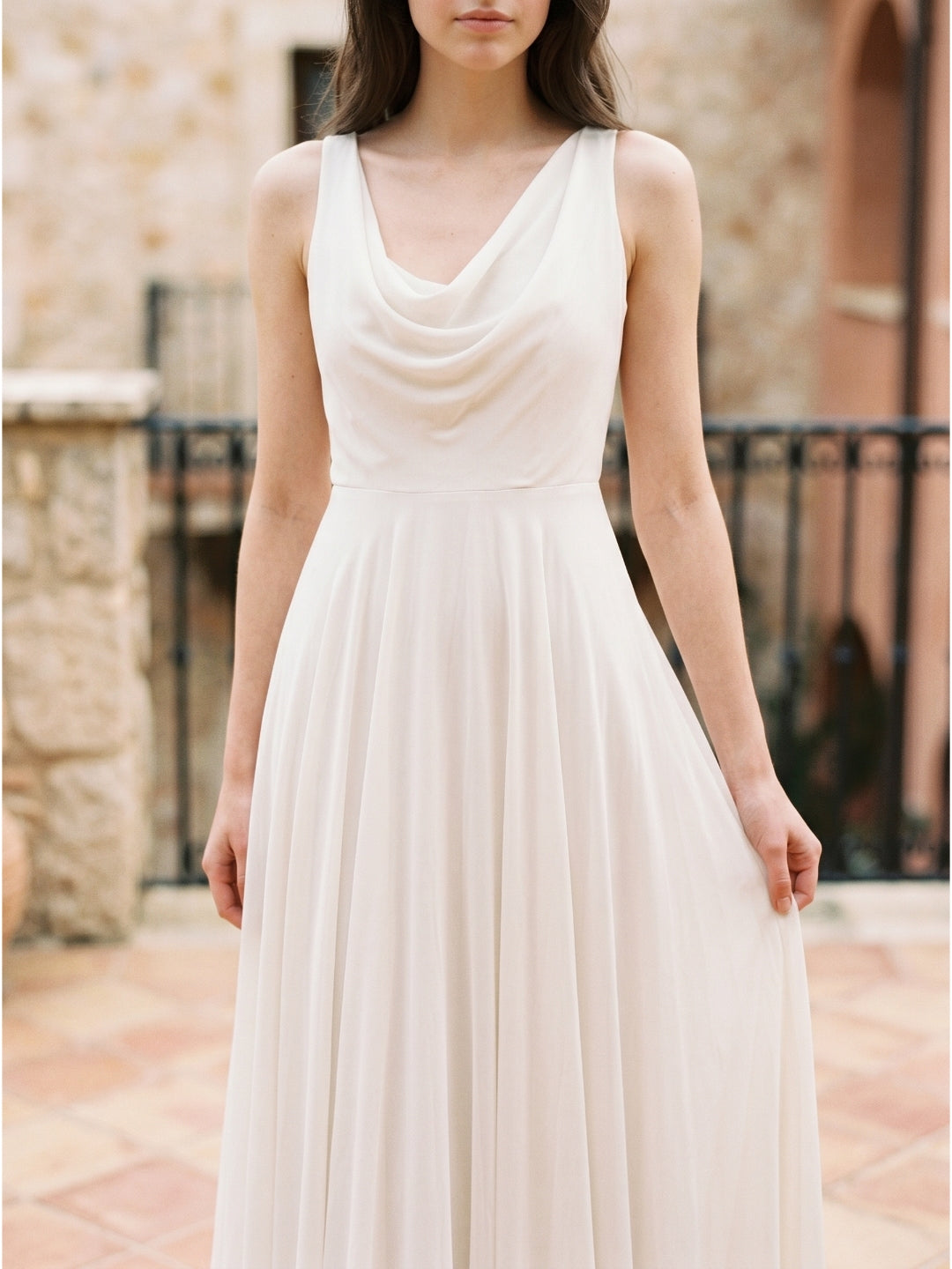 Ivory Chiffon A-Line Cowl Neck Back Zip Floor-Length Bridesmaid Dress with Pleated Details