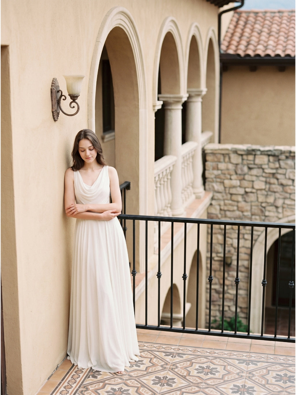 Ivory Chiffon A-Line Cowl Neck Back Zip Floor-Length Bridesmaid Dress with Pleated Details