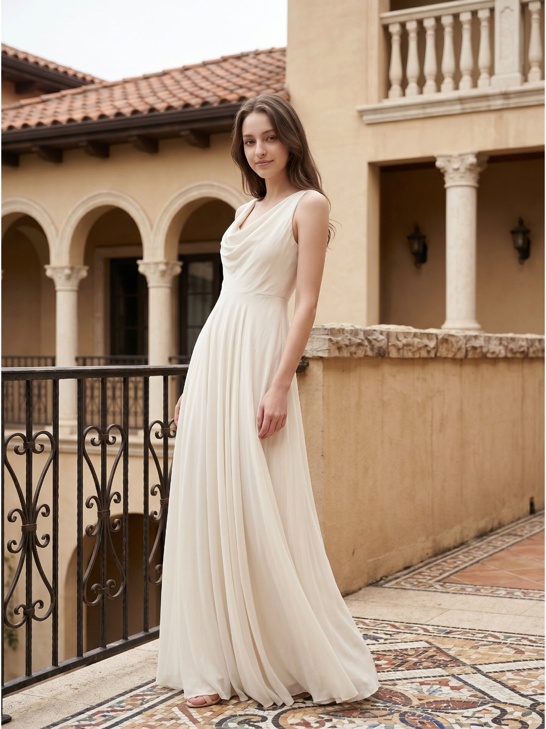 Ivory Chiffon A-Line Cowl Neck Back Zip Floor-Length Bridesmaid Dress with Pleated Details
