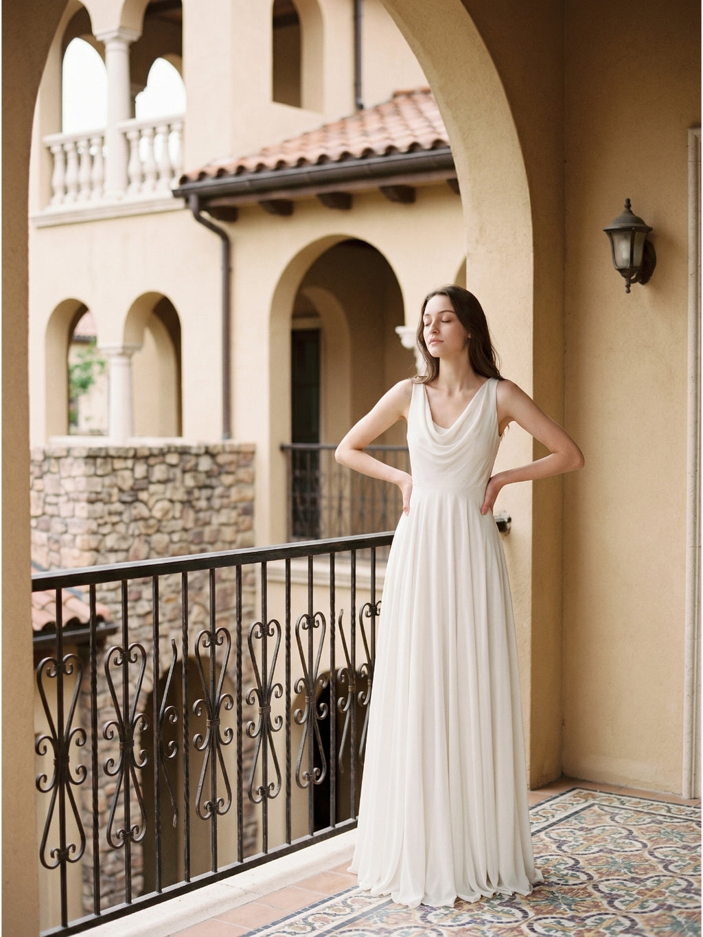 Ivory Chiffon A-Line Cowl Neck Back Zip Floor-Length Bridesmaid Dress with Pleated Details