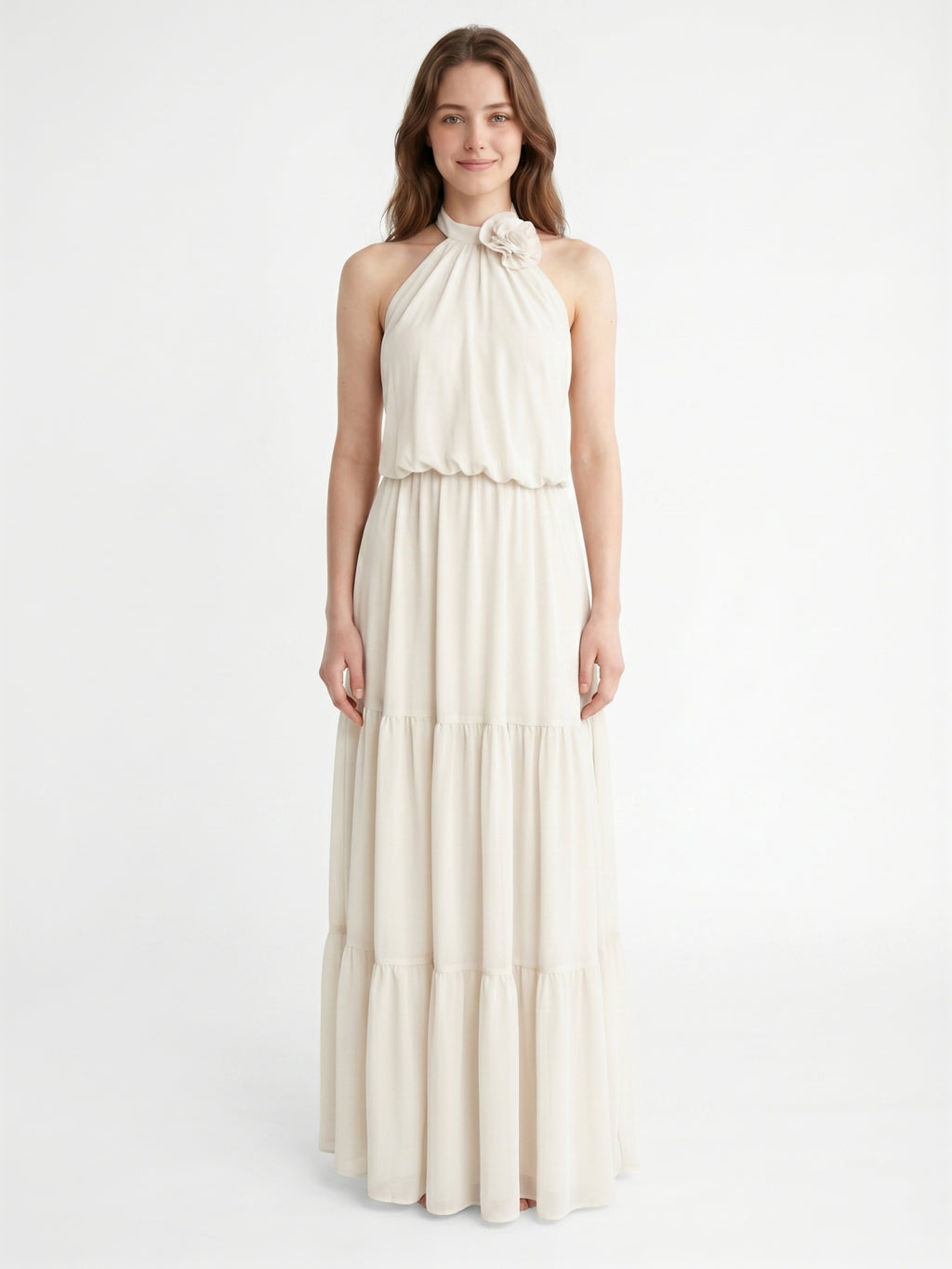 Ivory Chiffon A-Line Halter Backless Floor-Length Bridesmaid Dress with 3D Flower