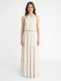 Ivory Chiffon A-Line Halter Backless Floor-Length Bridesmaid Dress with 3D Flower