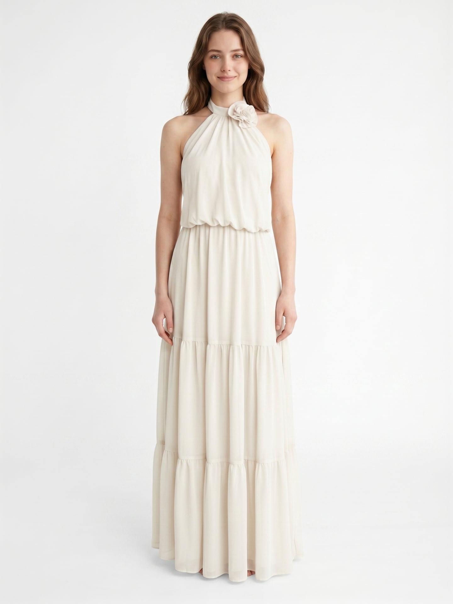 Ivory Chiffon A-Line Halter Backless Floor-Length Bridesmaid Dress with 3D Flower
