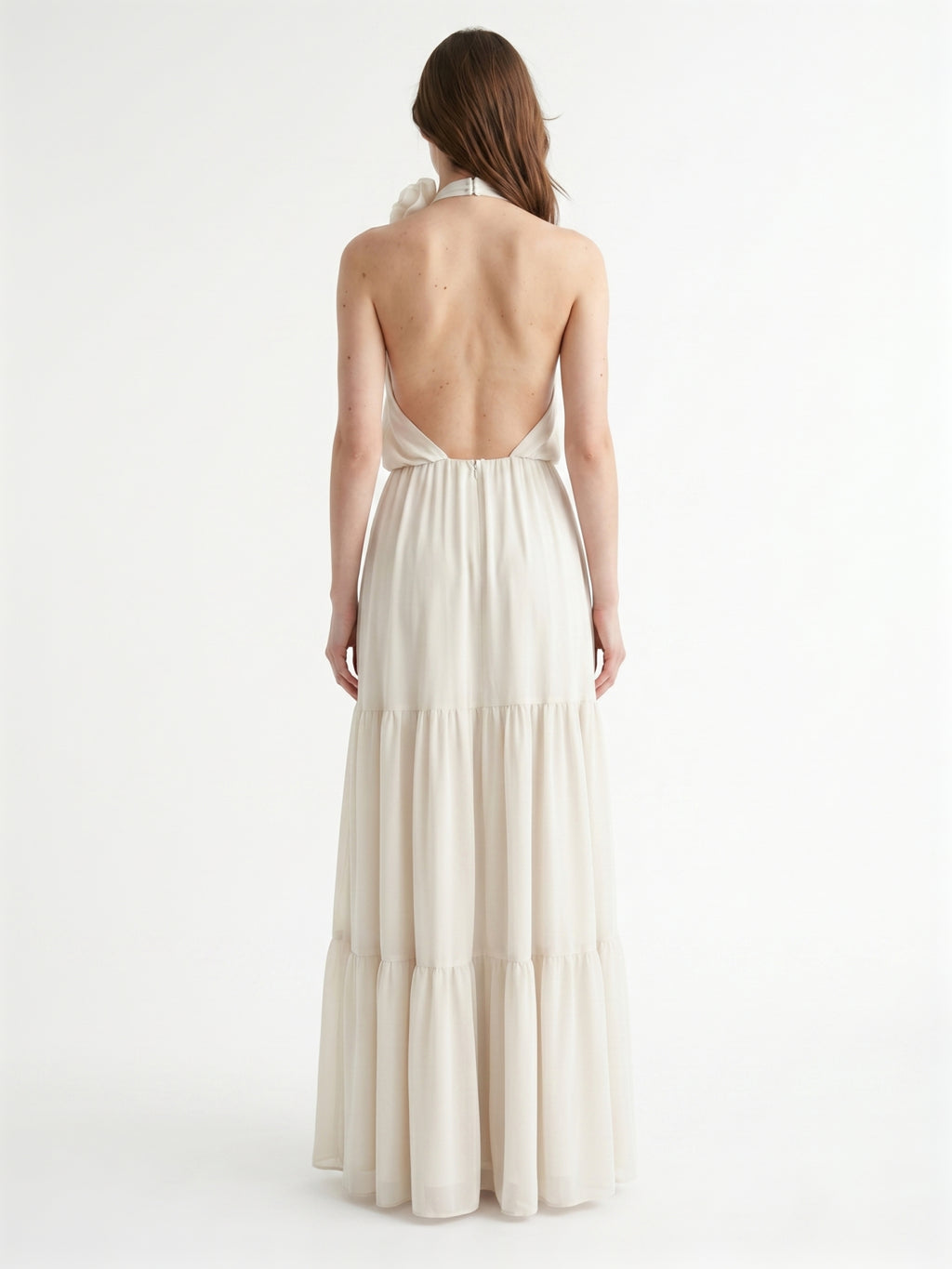 Ivory Chiffon A-Line Halter Backless Floor-Length Bridesmaid Dress with 3D Flower