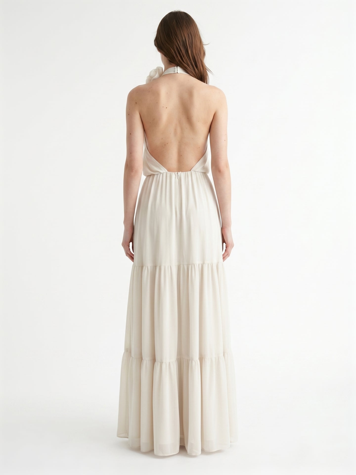 Ivory Chiffon A-Line Halter Backless Floor-Length Bridesmaid Dress with 3D Flower