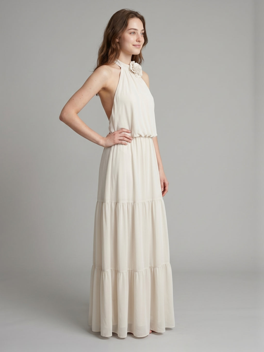 Ivory Chiffon A-Line Halter Backless Floor-Length Bridesmaid Dress with 3D Flower