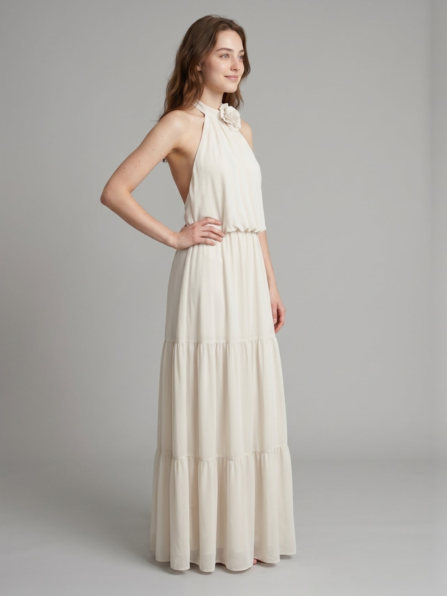 Ivory Chiffon A-Line Halter Backless Floor-Length Bridesmaid Dress with 3D Flower