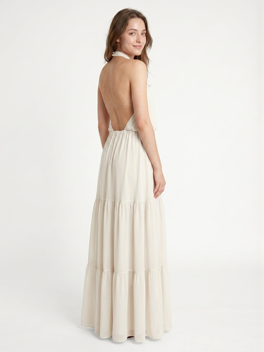 Ivory Chiffon A-Line Halter Backless Floor-Length Bridesmaid Dress with 3D Flower