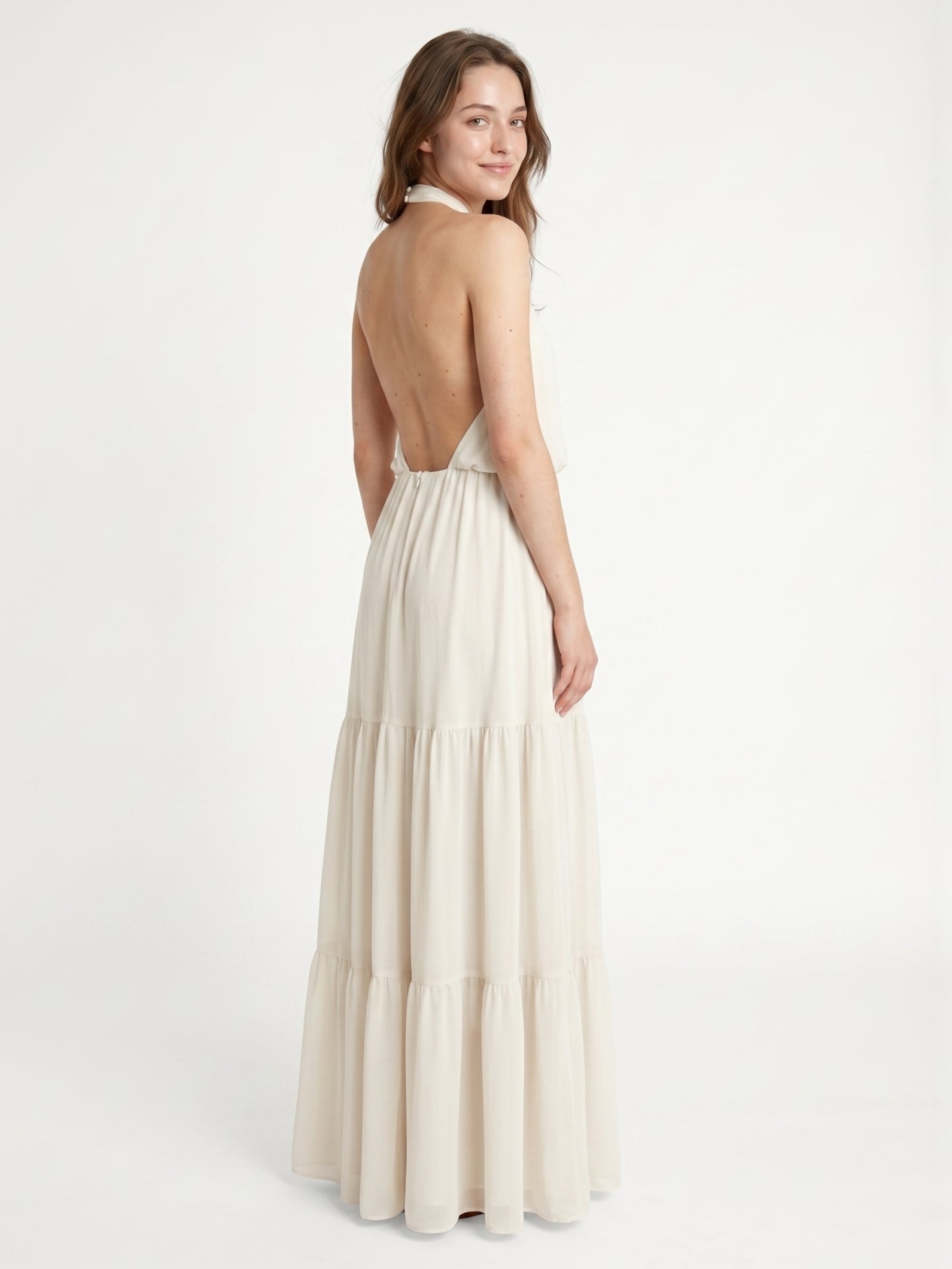 Ivory Chiffon A-Line Halter Backless Floor-Length Bridesmaid Dress with 3D Flower