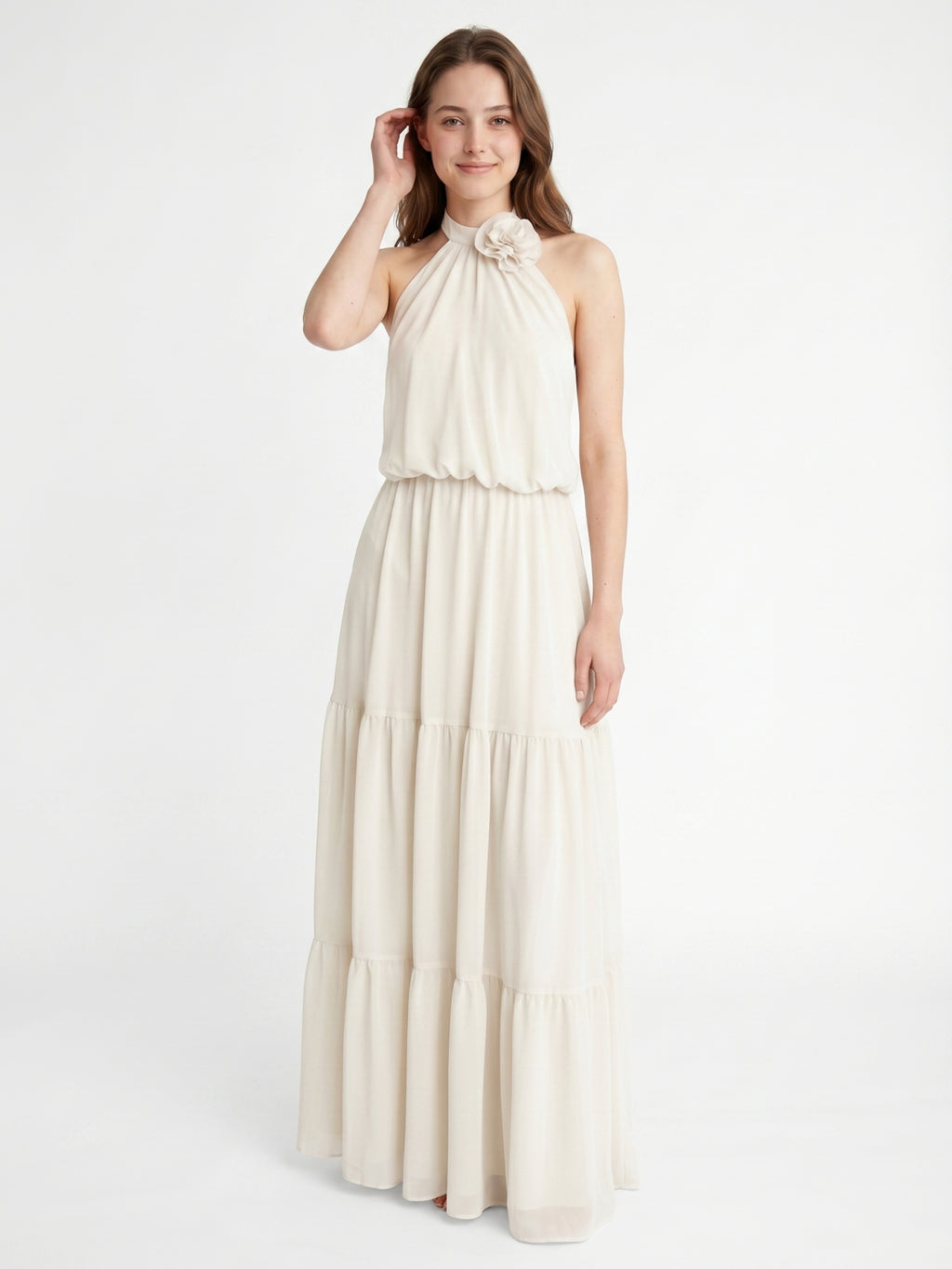 Ivory Chiffon A-Line Halter Backless Floor-Length Bridesmaid Dress with 3D Flower