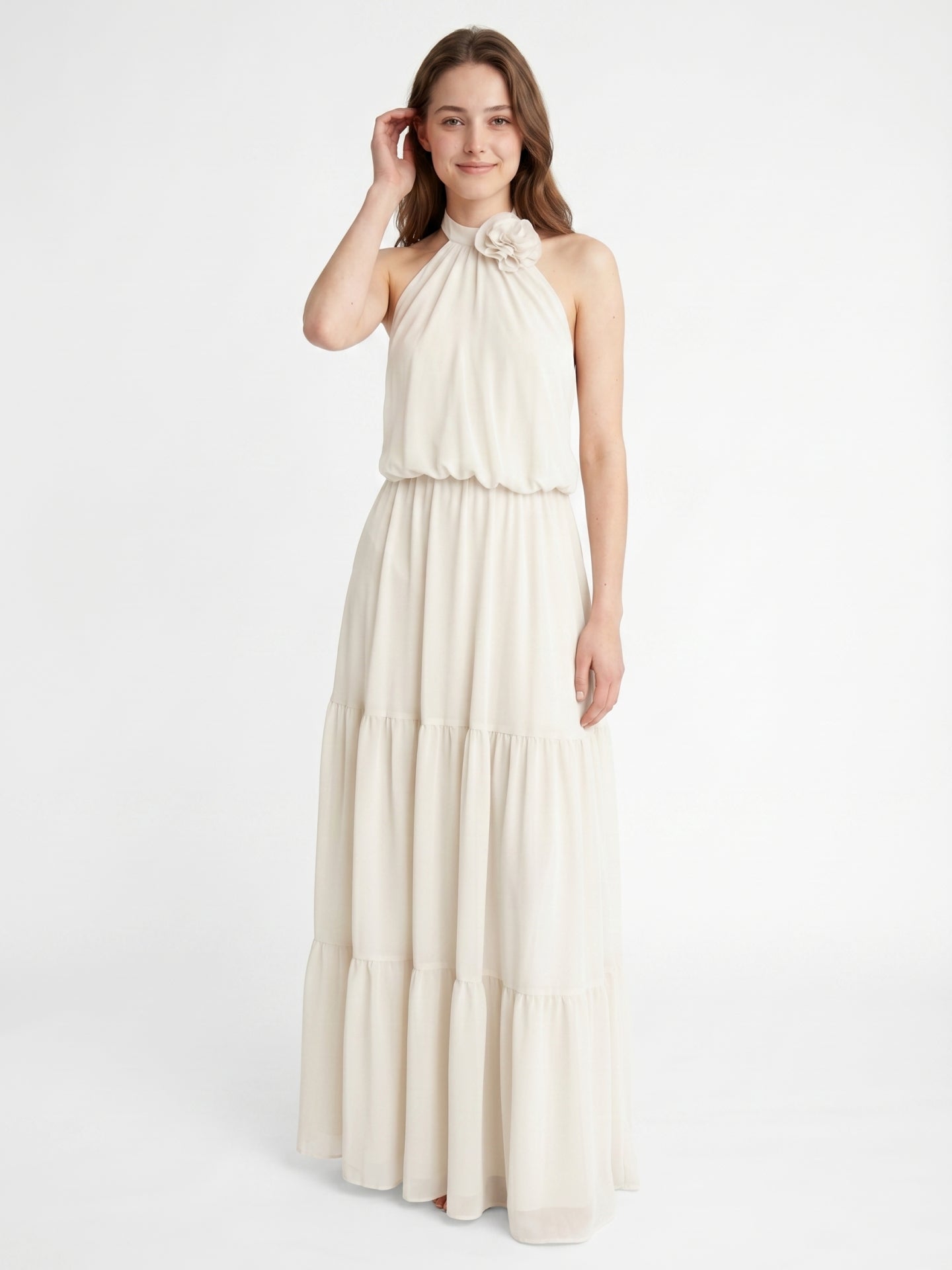 Ivory Chiffon A-Line Halter Backless Floor-Length Bridesmaid Dress with 3D Flower
