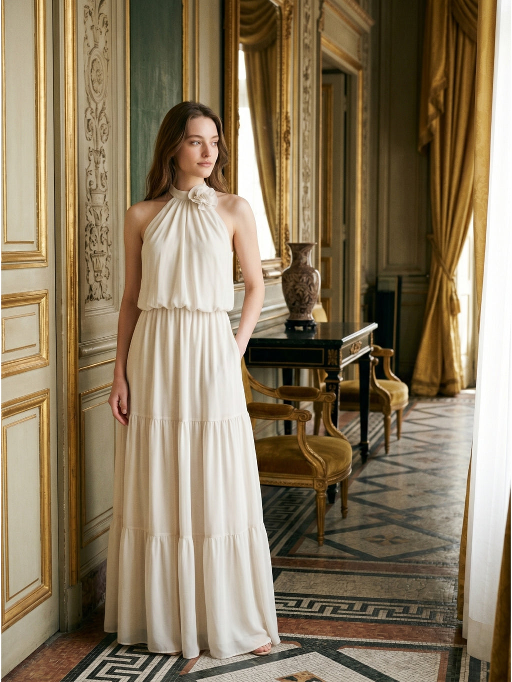 Ivory Chiffon A-Line Halter Backless Floor-Length Bridesmaid Dress with 3D Flower