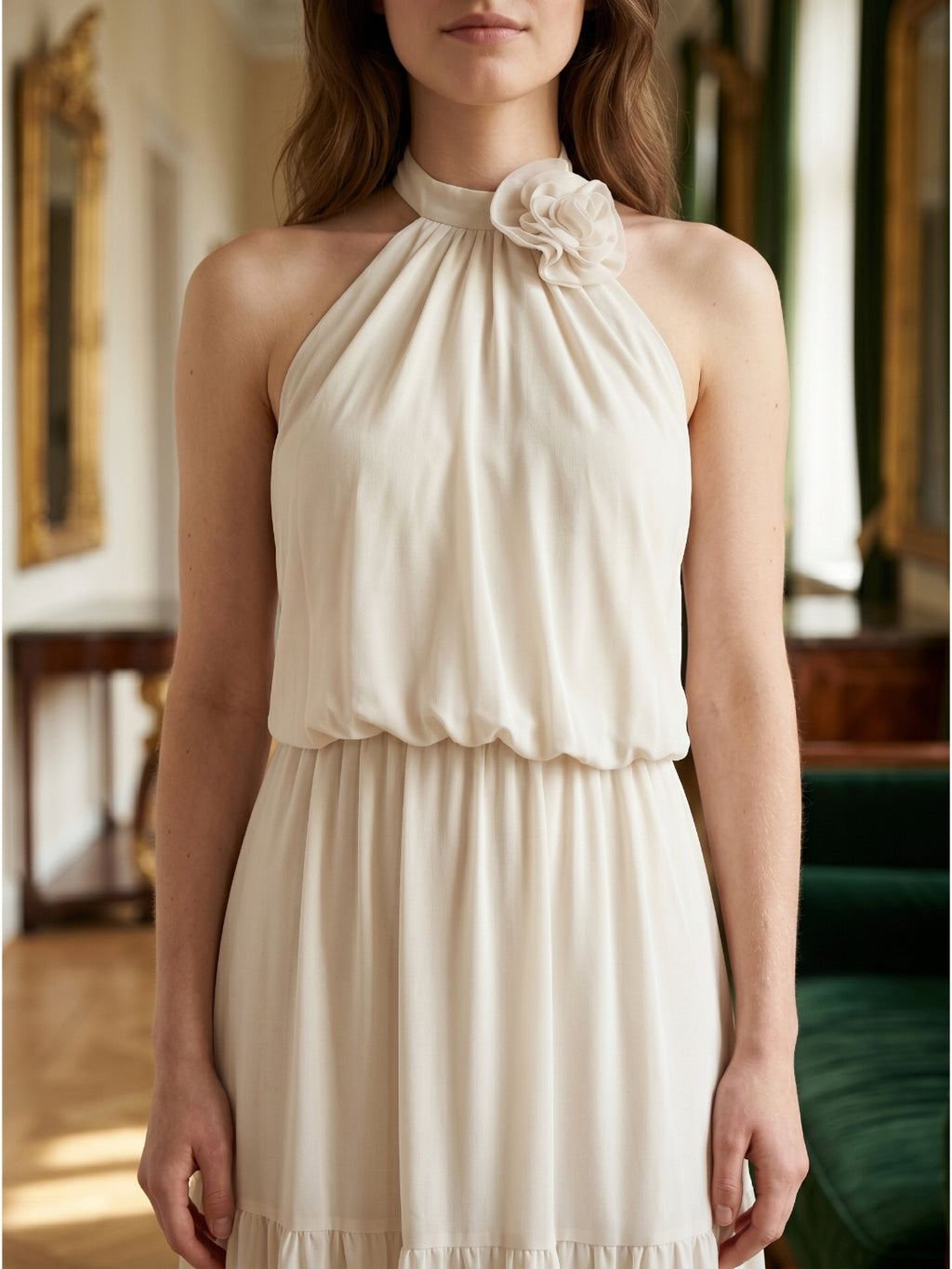 Ivory Chiffon A-Line Halter Backless Floor-Length Bridesmaid Dress with 3D Flower