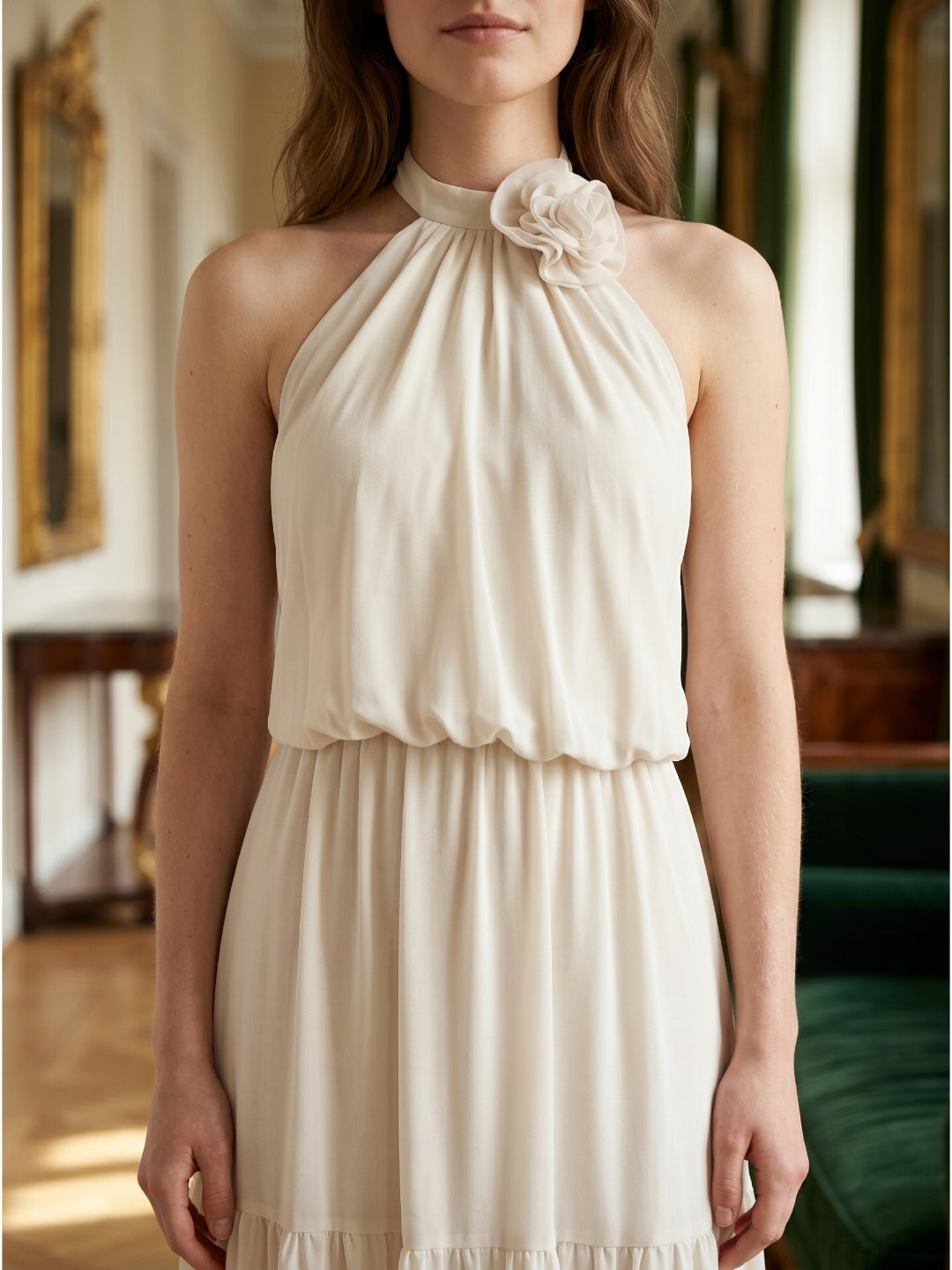 Ivory Chiffon A-Line Halter Backless Floor-Length Bridesmaid Dress with 3D Flower