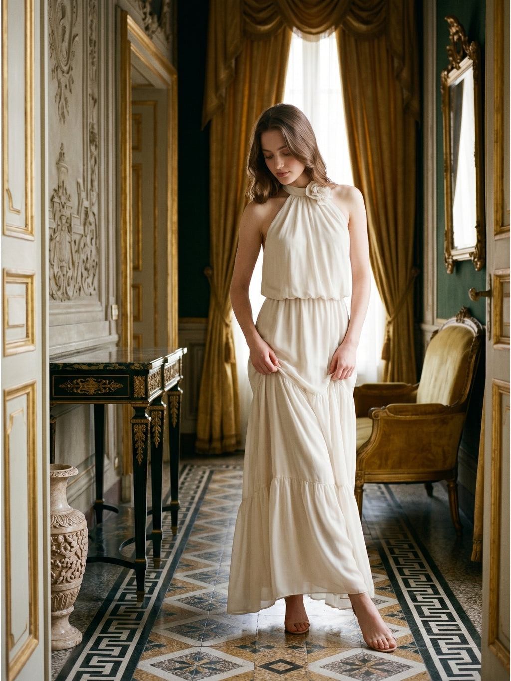 Ivory Chiffon A-Line Halter Backless Floor-Length Bridesmaid Dress with 3D Flower