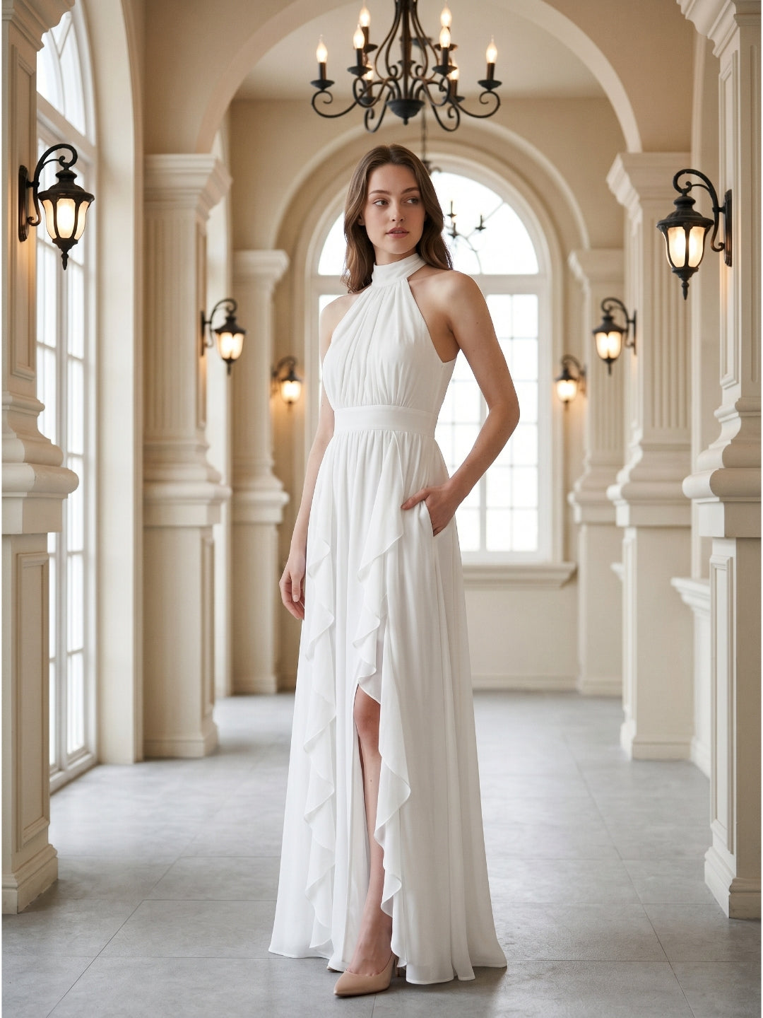 Ivory Chiffon A-Line Halter Bow Back Floor-Length Ruffle Bridesmaid Dress