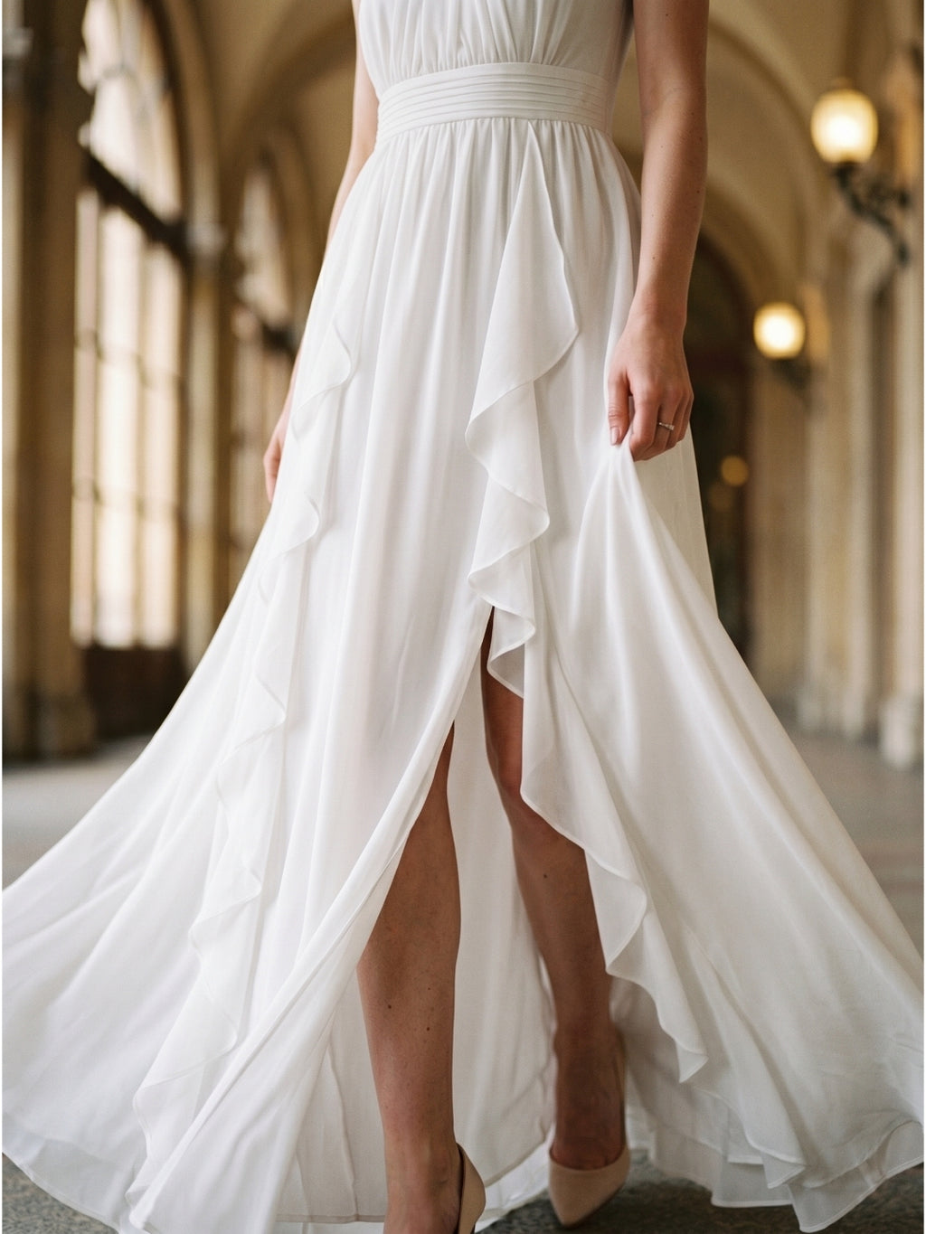 Ivory Chiffon A-Line Halter Bow Back Floor-Length Ruffle Bridesmaid Dress