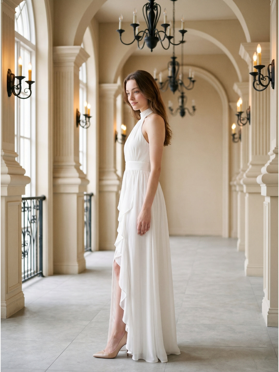 Ivory Chiffon A-Line Halter Bow Back Floor-Length Ruffle Bridesmaid Dress
