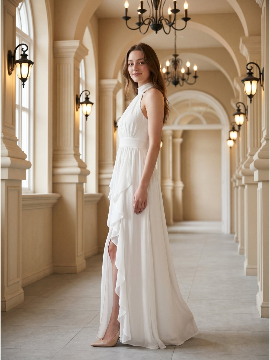 Ivory Chiffon A-Line Halter Bow Back Floor-Length Ruffle Bridesmaid Dress