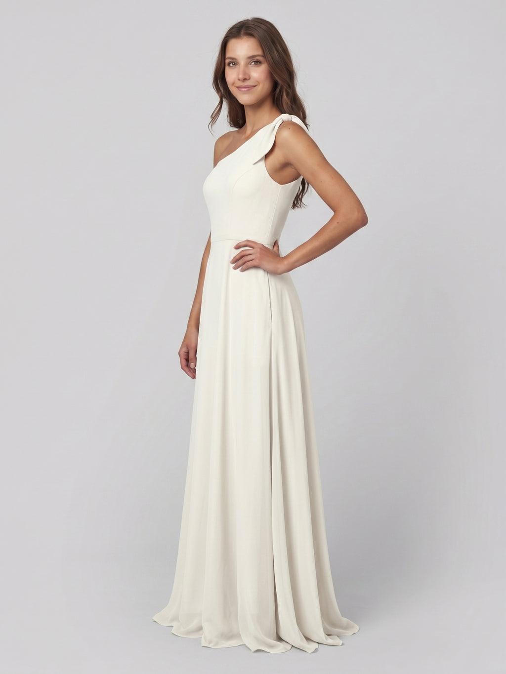 Ivory Chiffon A-Line One Shoulder Back Zip Floor-Length Bridesmaid Dress