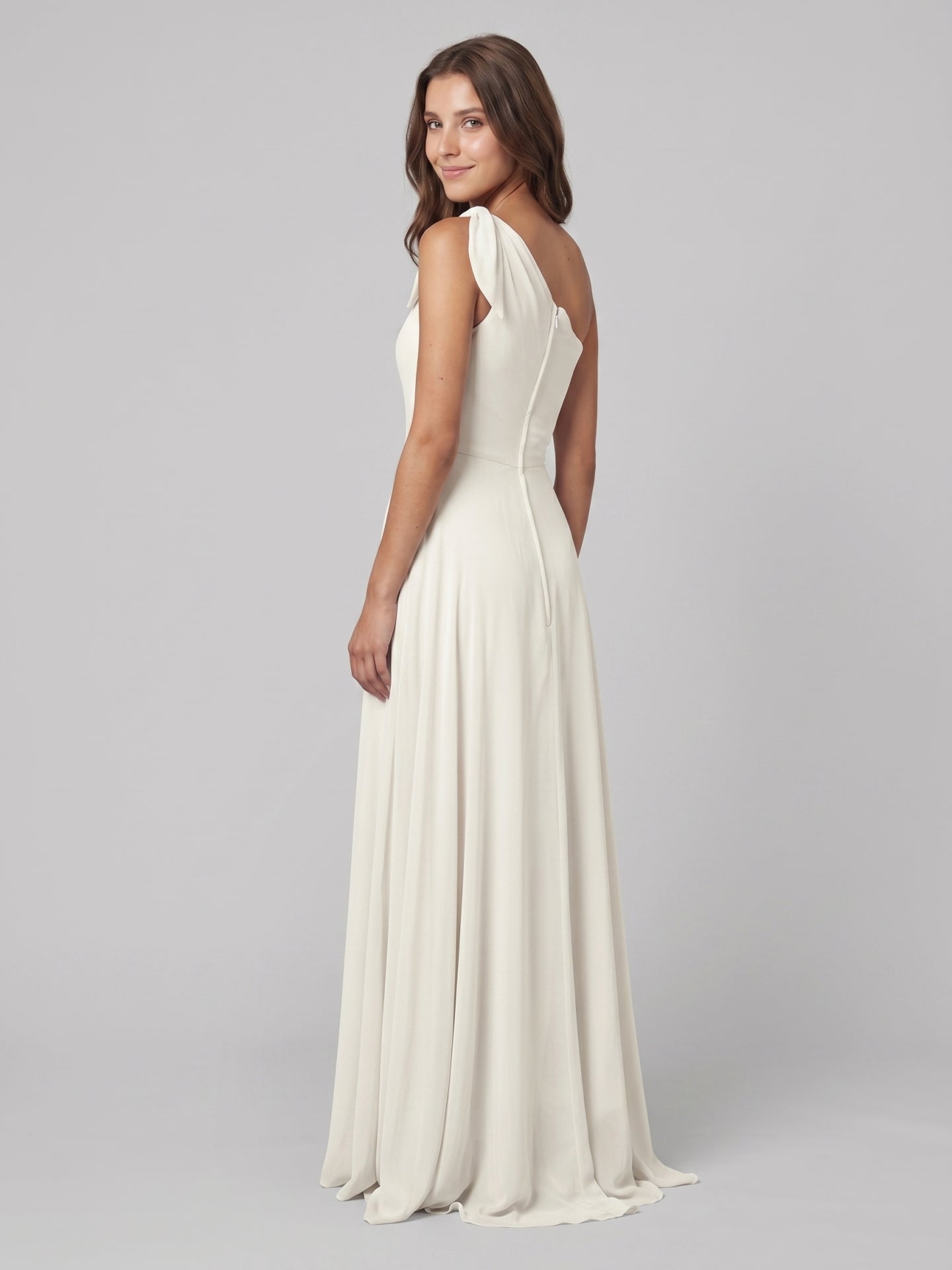 Ivory Chiffon A-Line One Shoulder Back Zip Floor-Length Bridesmaid Dress