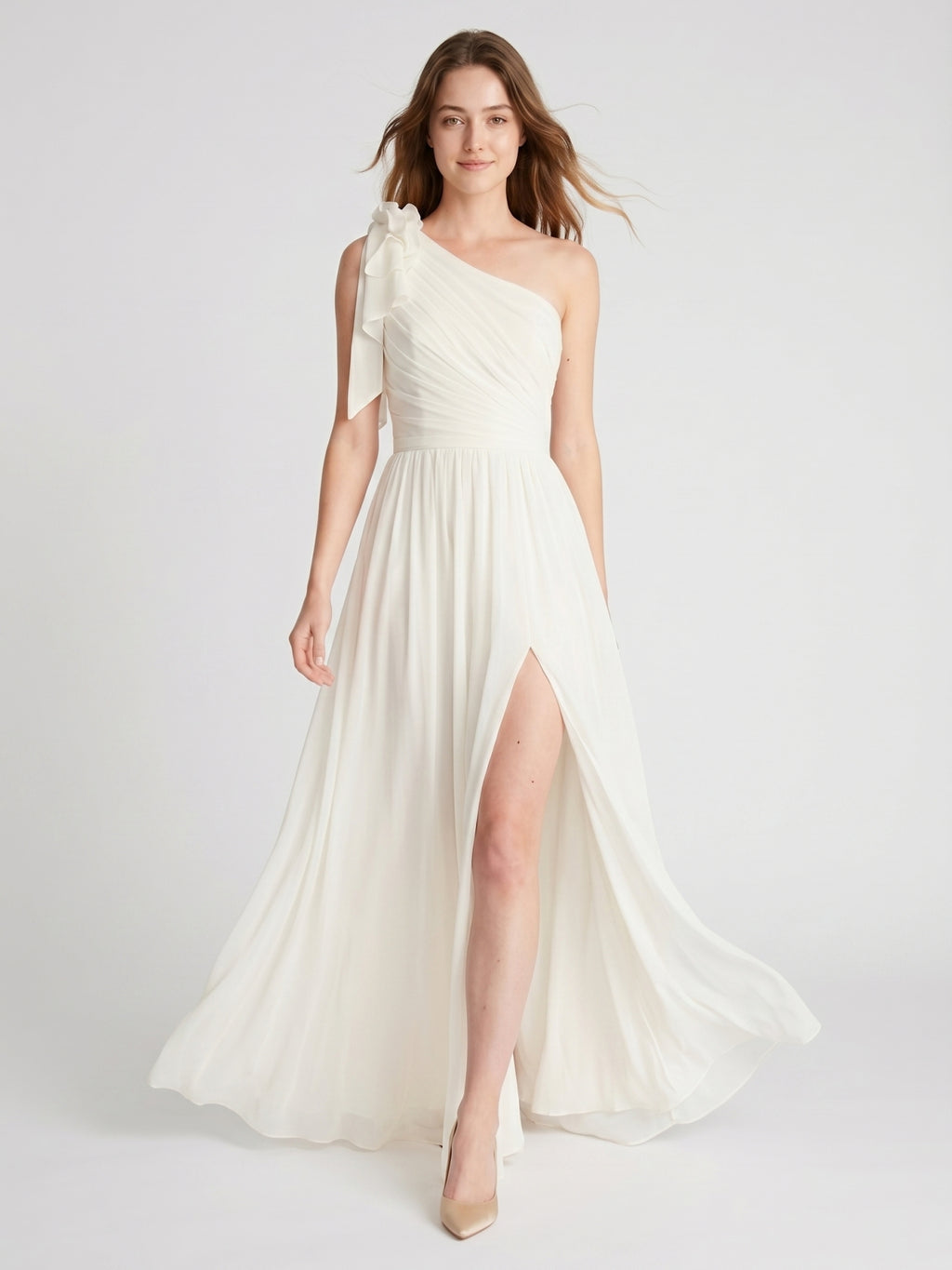 Ivory Chiffon A-Line One Shoulder Floor-Length Bridesmaid Dress with 3D Flower