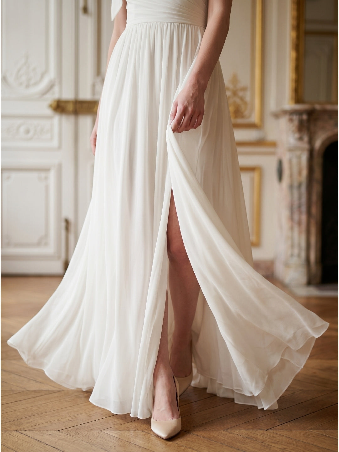 Ivory Chiffon A-Line One Shoulder Floor-Length Bridesmaid Dress with 3D Flower