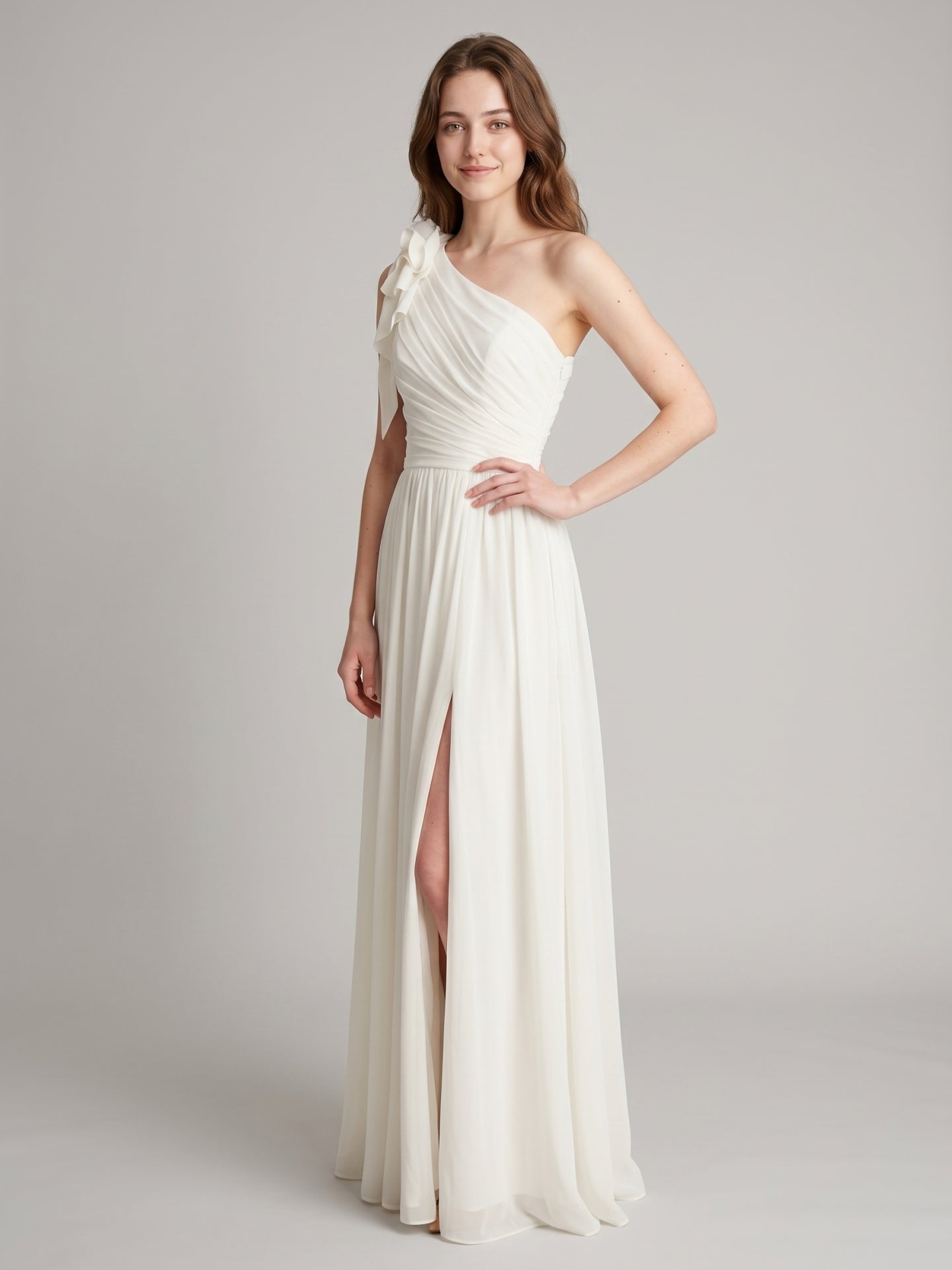Ivory Chiffon A-Line One Shoulder Floor-Length Bridesmaid Dress with 3D Flower