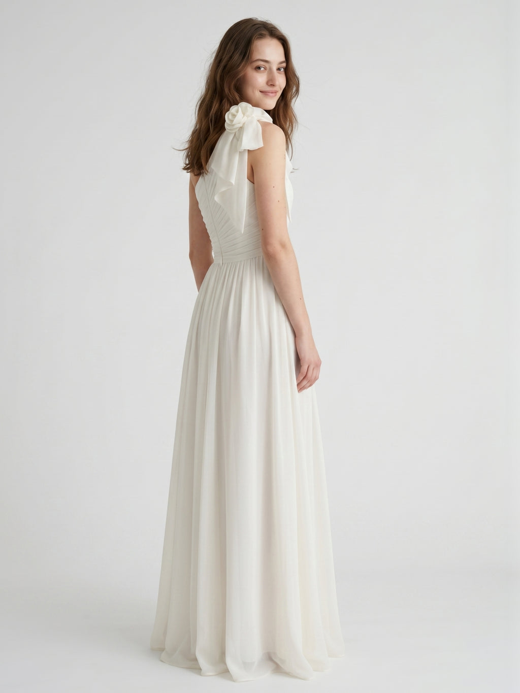 Ivory Chiffon A-Line One Shoulder Floor-Length Bridesmaid Dress with 3D Flower