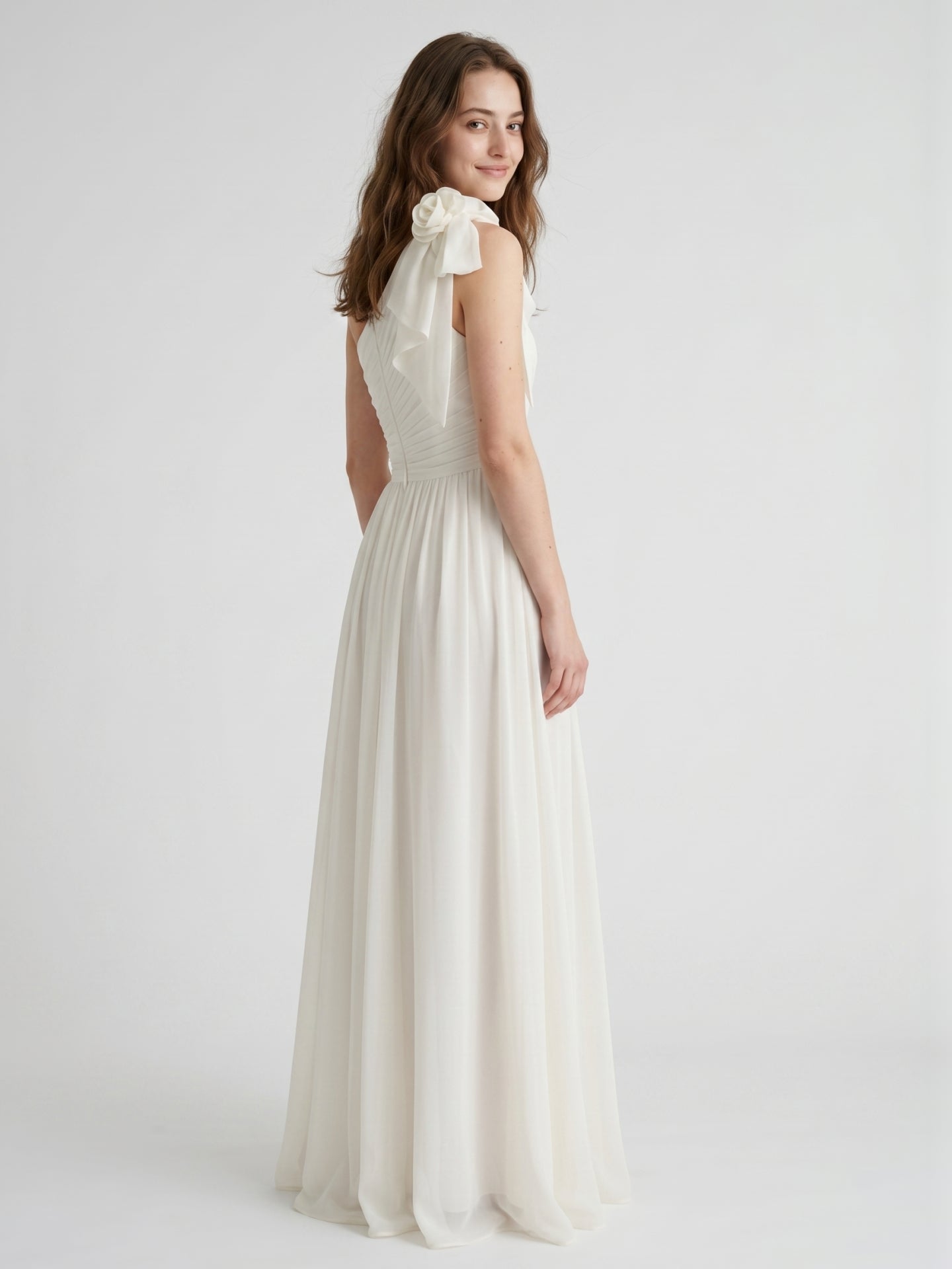 Ivory Chiffon A-Line One Shoulder Floor-Length Bridesmaid Dress with 3D Flower