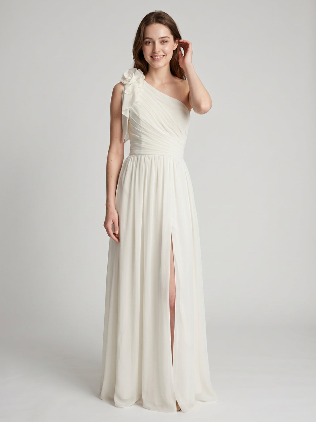 Ivory Chiffon A-Line One Shoulder Floor-Length Bridesmaid Dress with 3D Flower