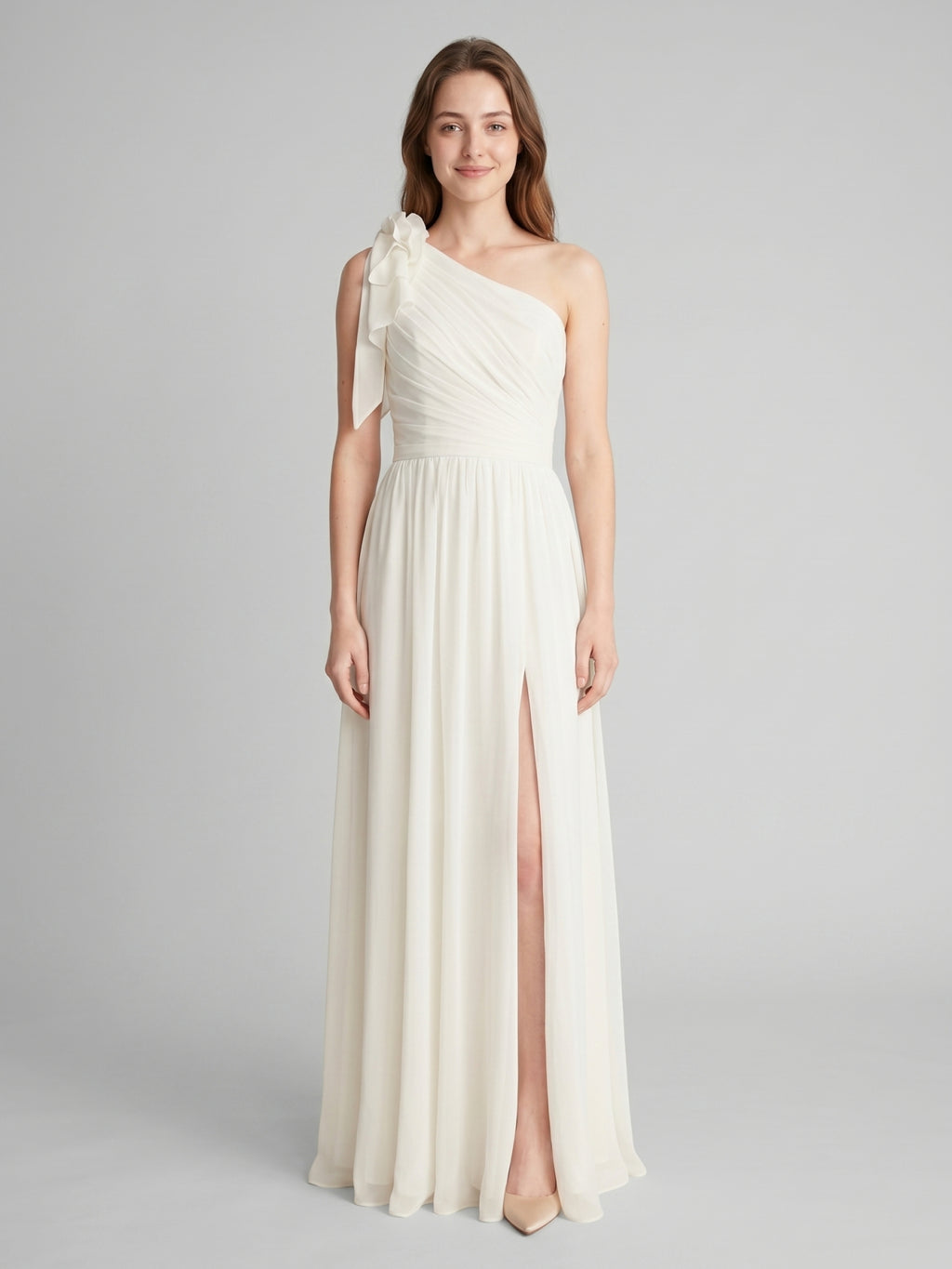 Ivory Chiffon A-Line One Shoulder Floor-Length Bridesmaid Dress with 3D Flower