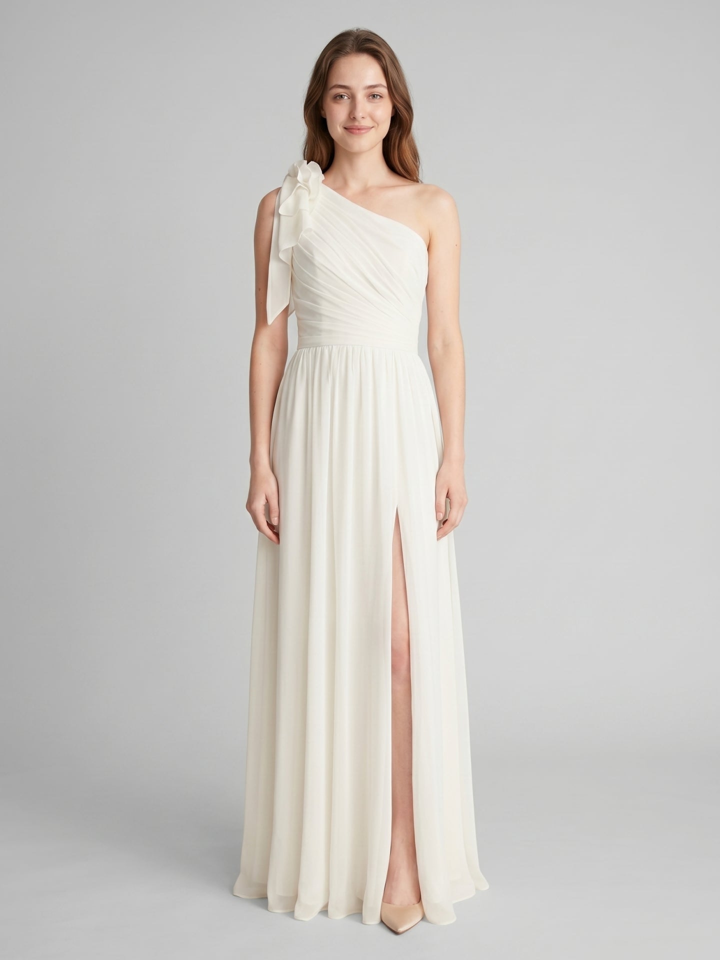 Ivory Chiffon A-Line One Shoulder Floor-Length Bridesmaid Dress with 3D Flower