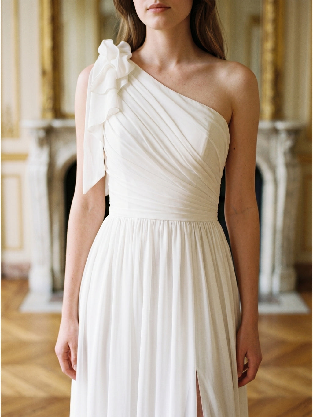 Ivory Chiffon A-Line One Shoulder Floor-Length Bridesmaid Dress with 3D Flower
