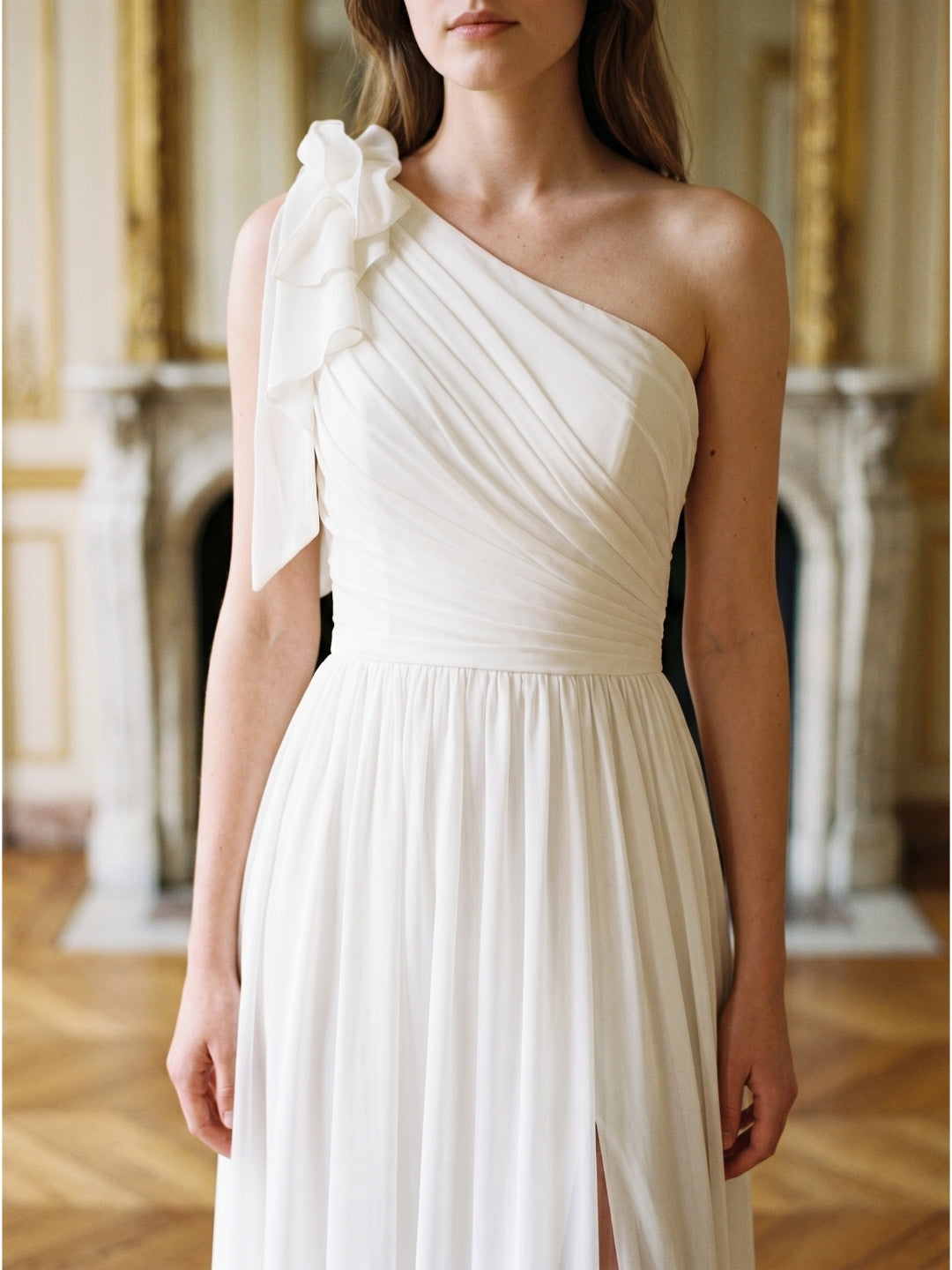 Ivory Chiffon A-Line One Shoulder Floor-Length Bridesmaid Dress with 3D Flower