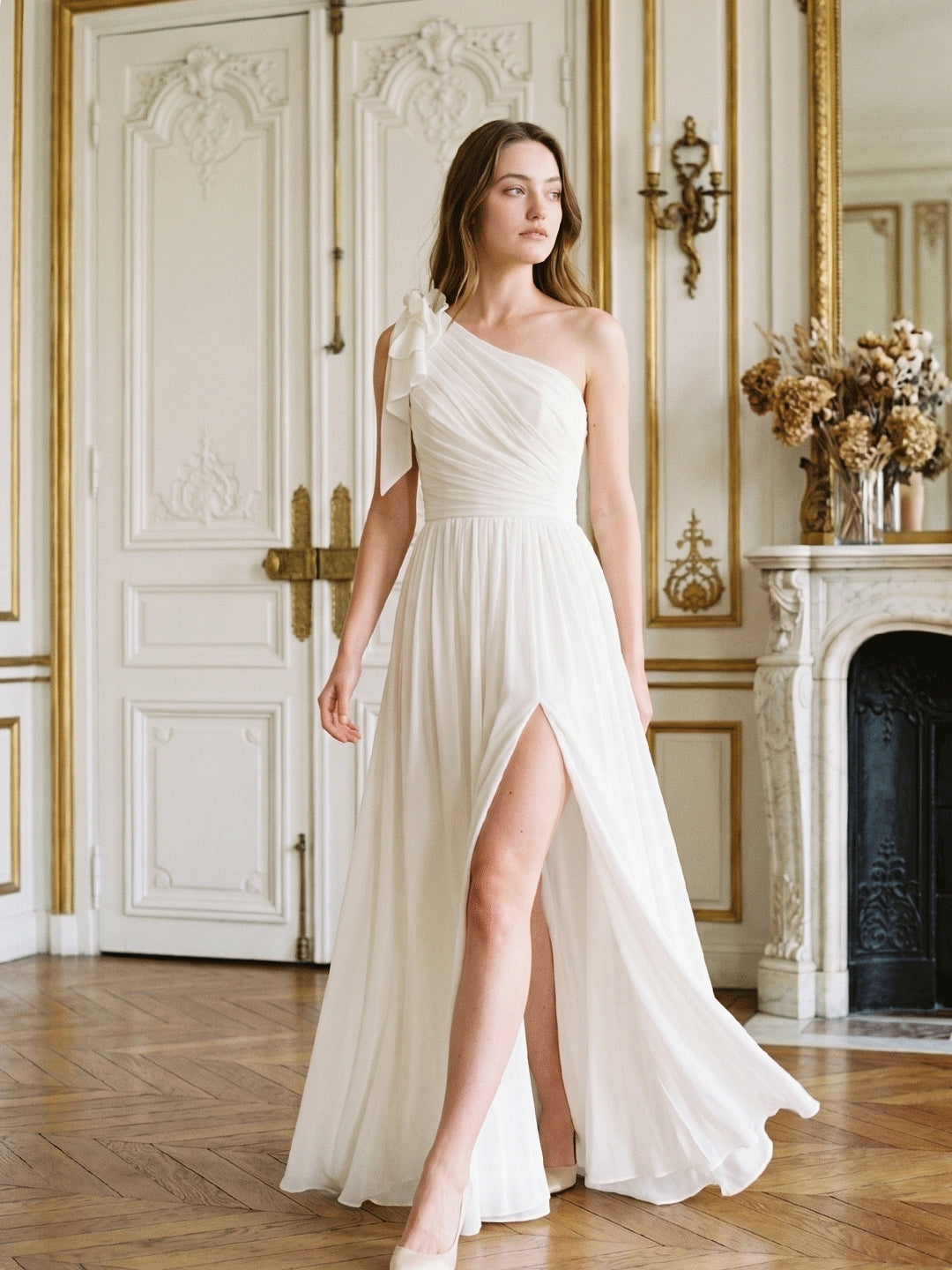 Ivory Chiffon A-Line One Shoulder Floor-Length Bridesmaid Dress with 3D Flower