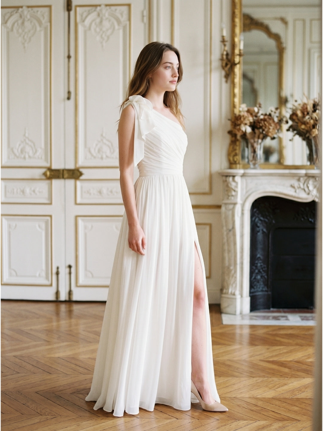 Ivory Chiffon A-Line One Shoulder Floor-Length Bridesmaid Dress with 3D Flower