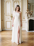 Ivory Chiffon A-Line One Shoulder Floor-Length Bridesmaid Dress with 3D Flower