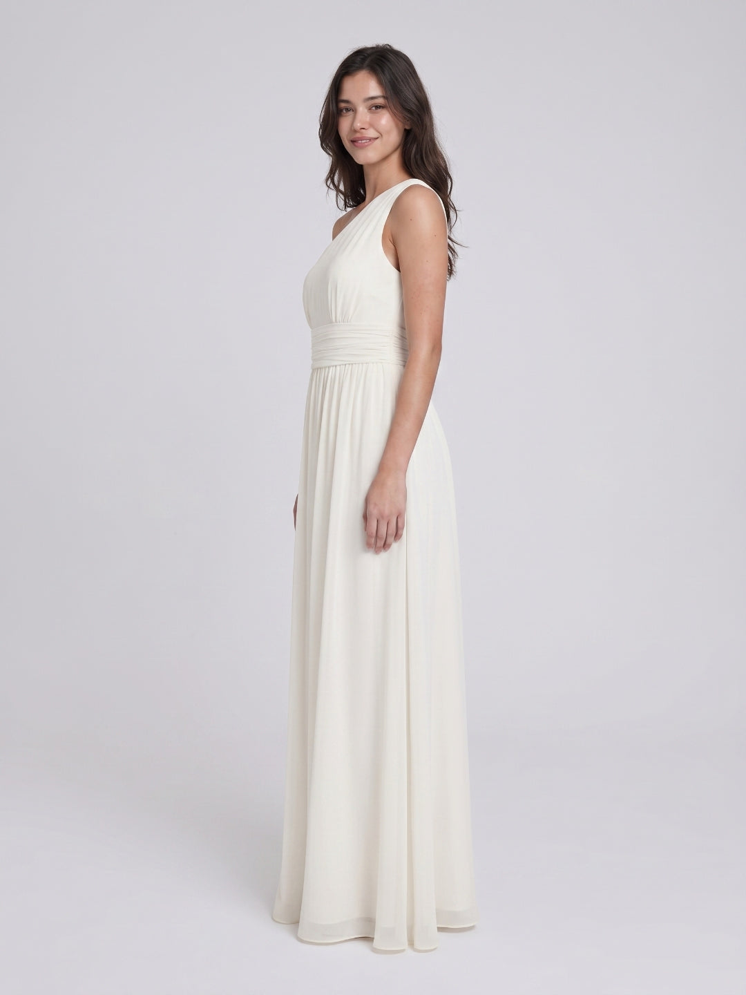 Ivory Chiffon A-Line One Shoulder Side Zip Floor-Length Bridesmaid Dress