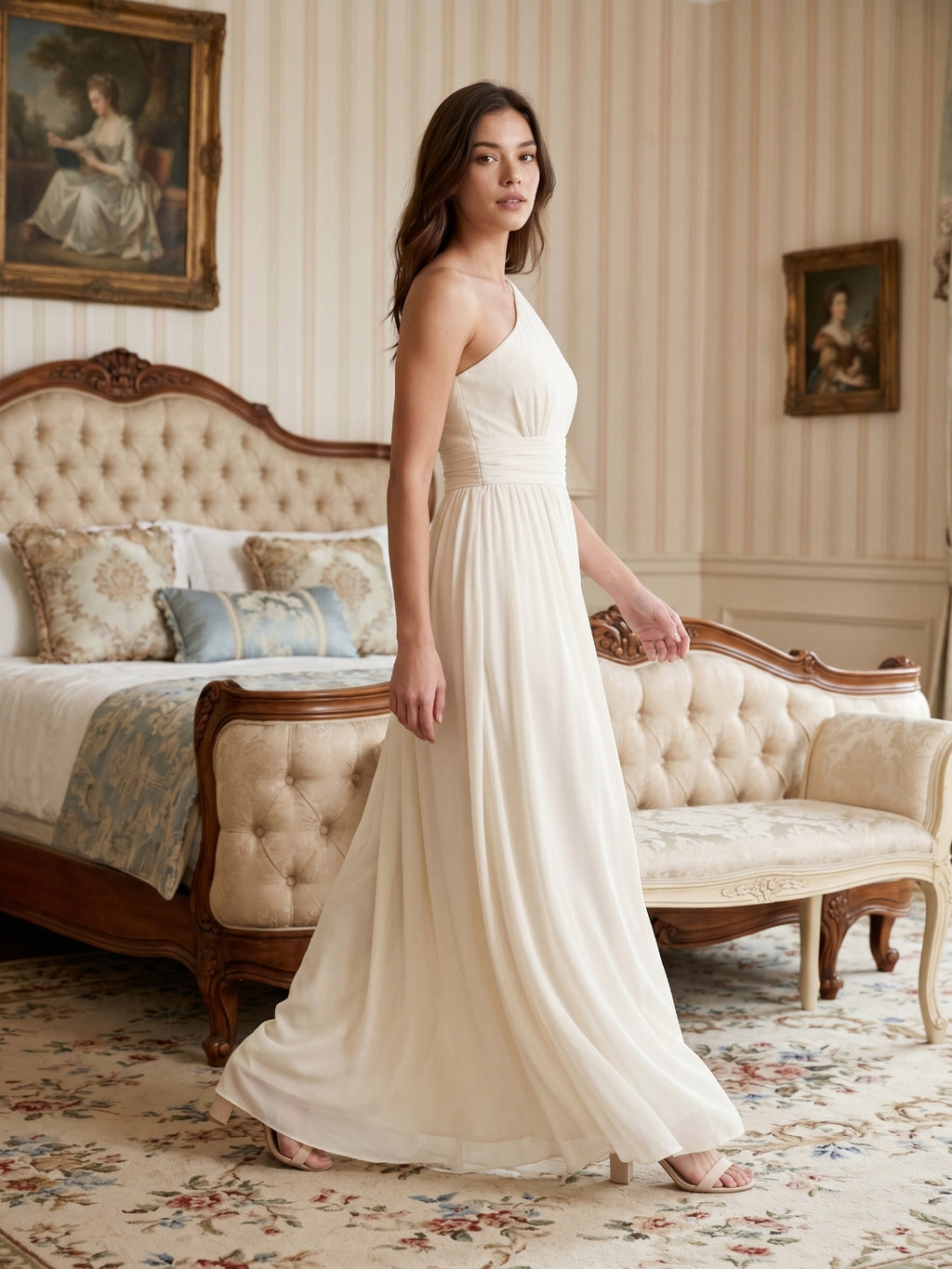 Ivory Chiffon A-Line One Shoulder Side Zip Floor-Length Bridesmaid Dress