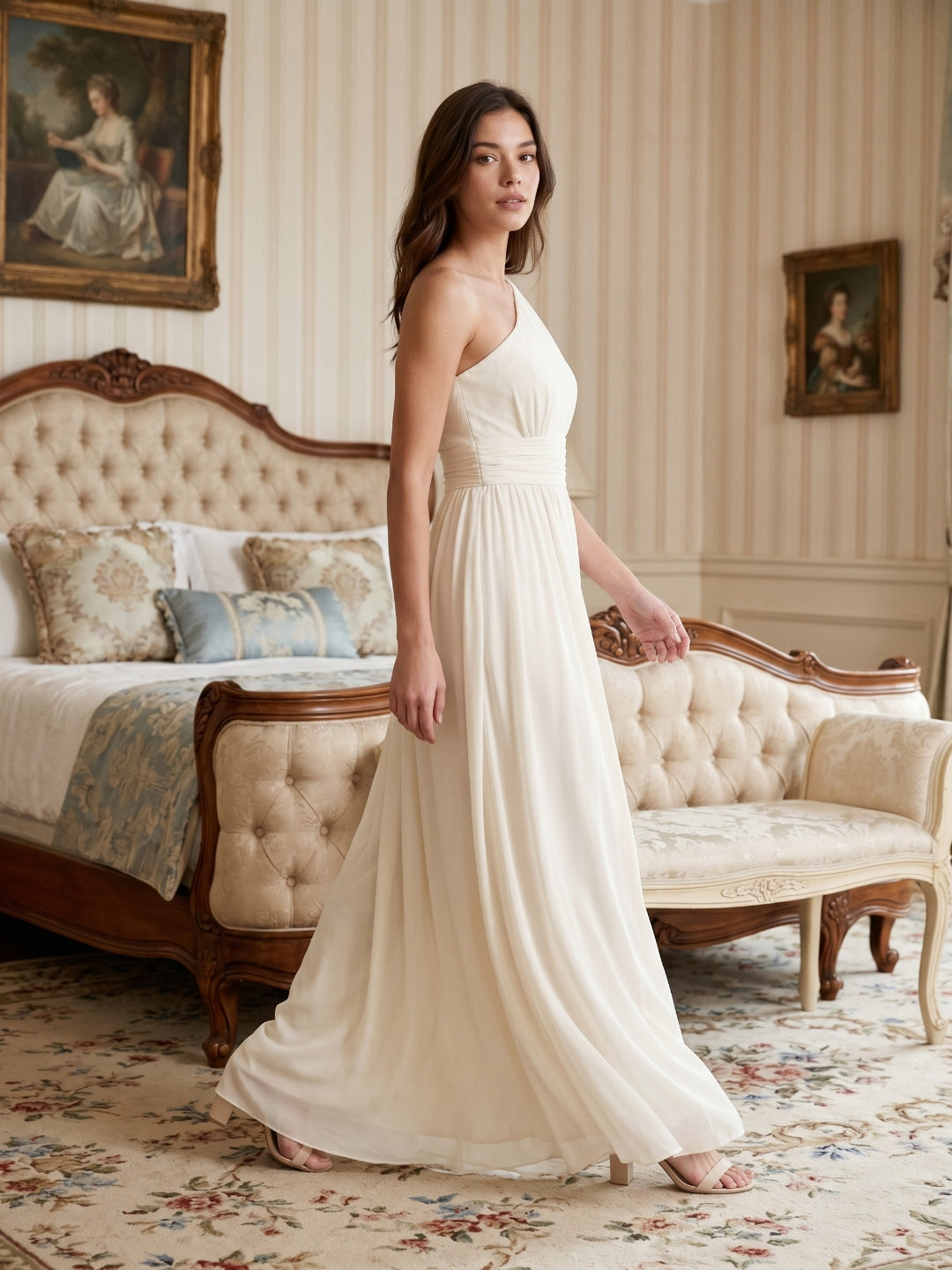 Ivory Chiffon A-Line One Shoulder Side Zip Floor-Length Bridesmaid Dress