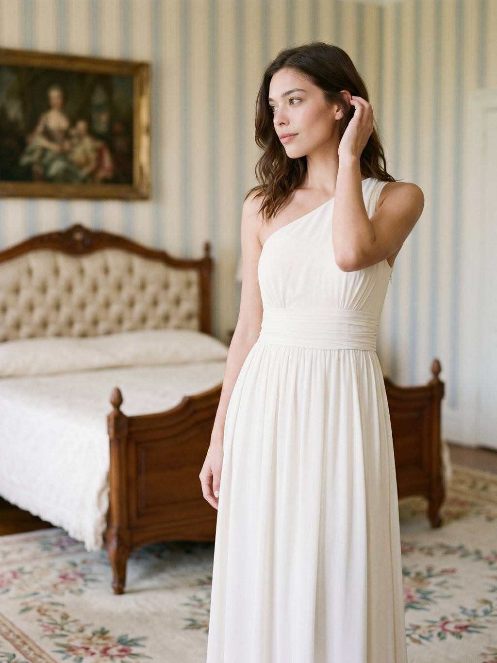 Ivory Chiffon A-Line One Shoulder Side Zip Floor-Length Bridesmaid Dress