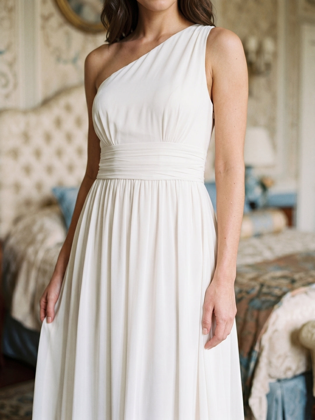 Ivory Chiffon A-Line One Shoulder Side Zip Floor-Length Bridesmaid Dress