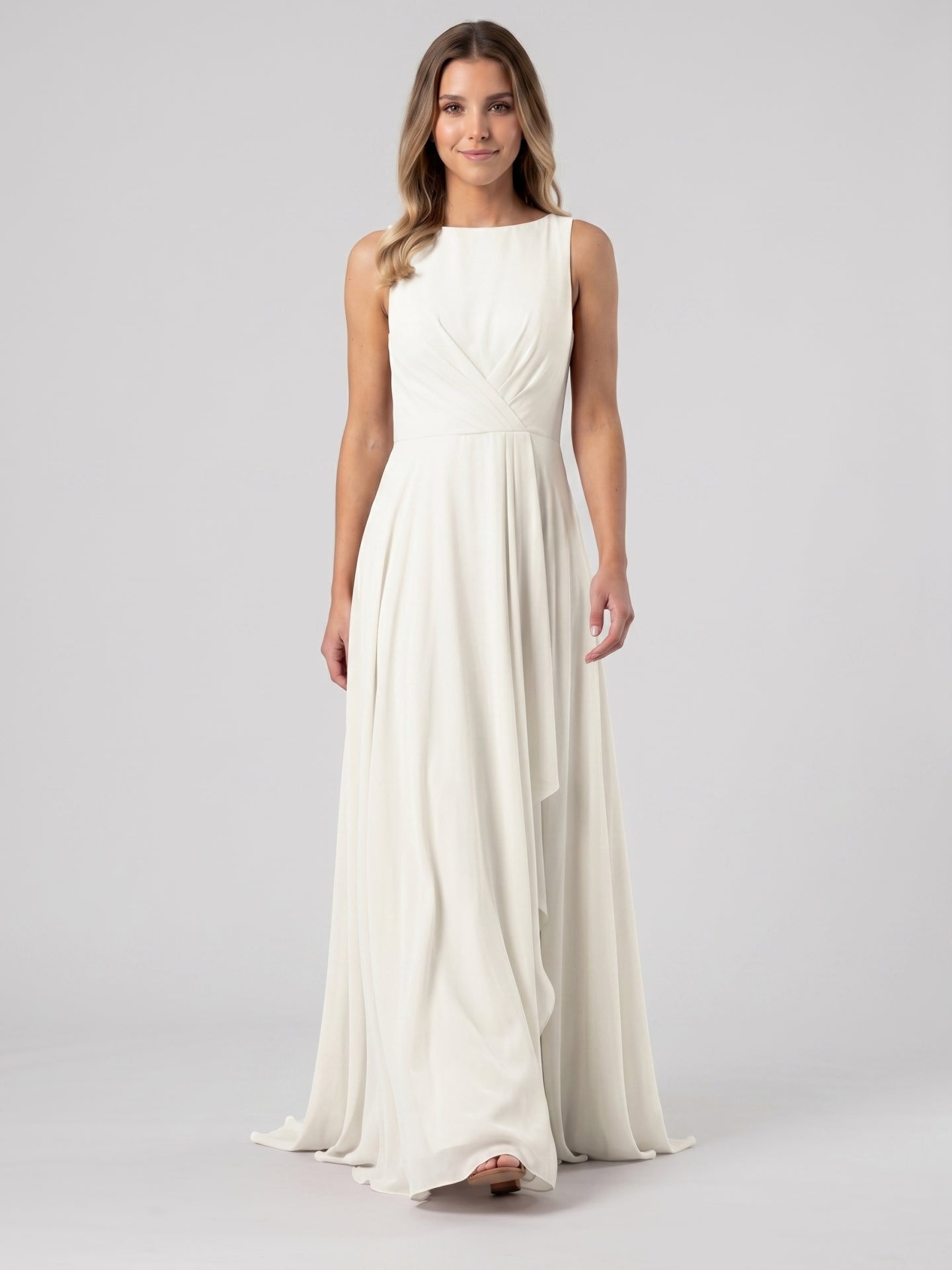 Ivory Chiffon A-Line Scoop Neck V-Back Floor-Length Pleated Bridesmaid Dress