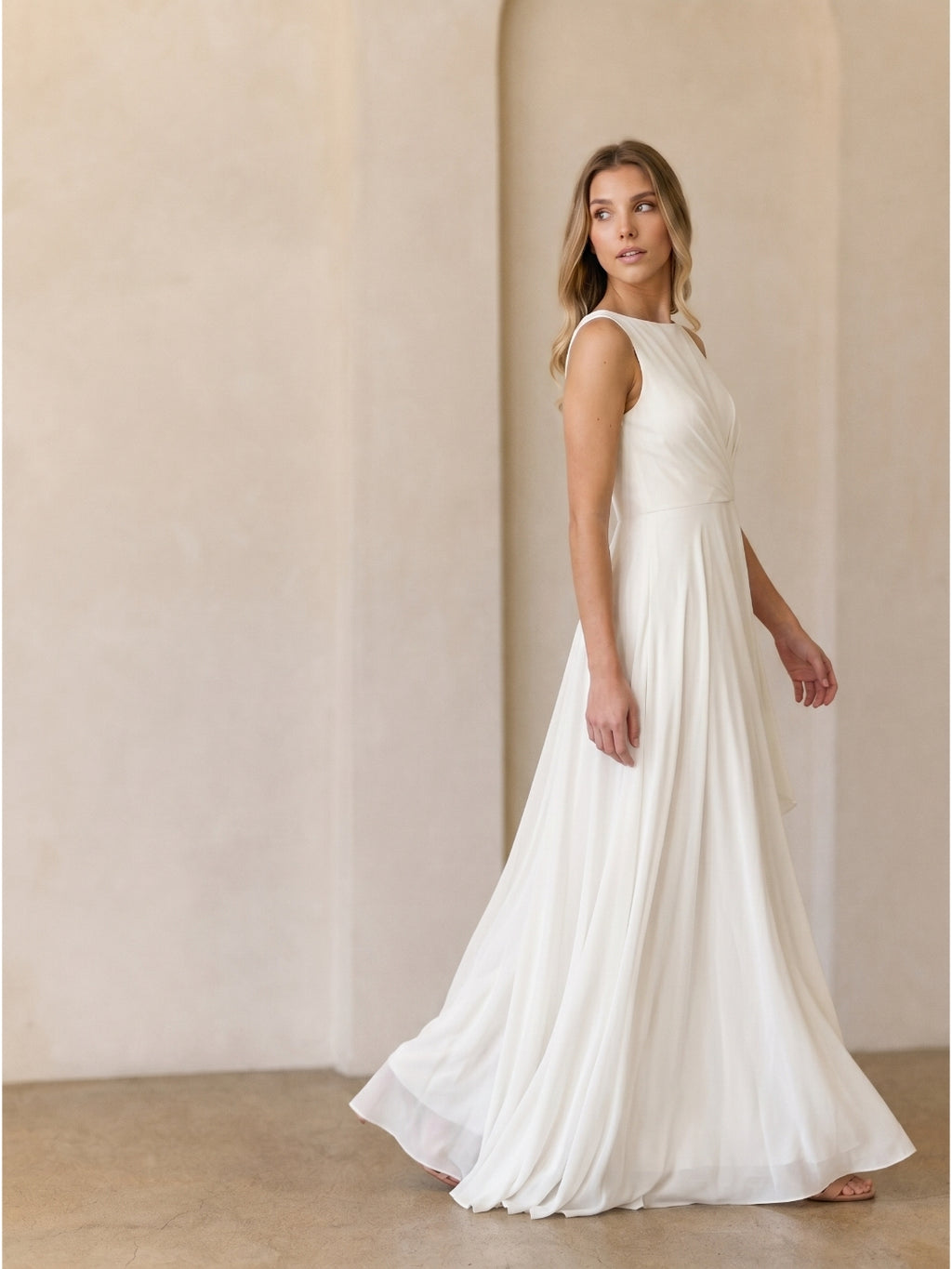Ivory Chiffon A-Line Scoop Neck V-Back Floor-Length Pleated Bridesmaid Dress