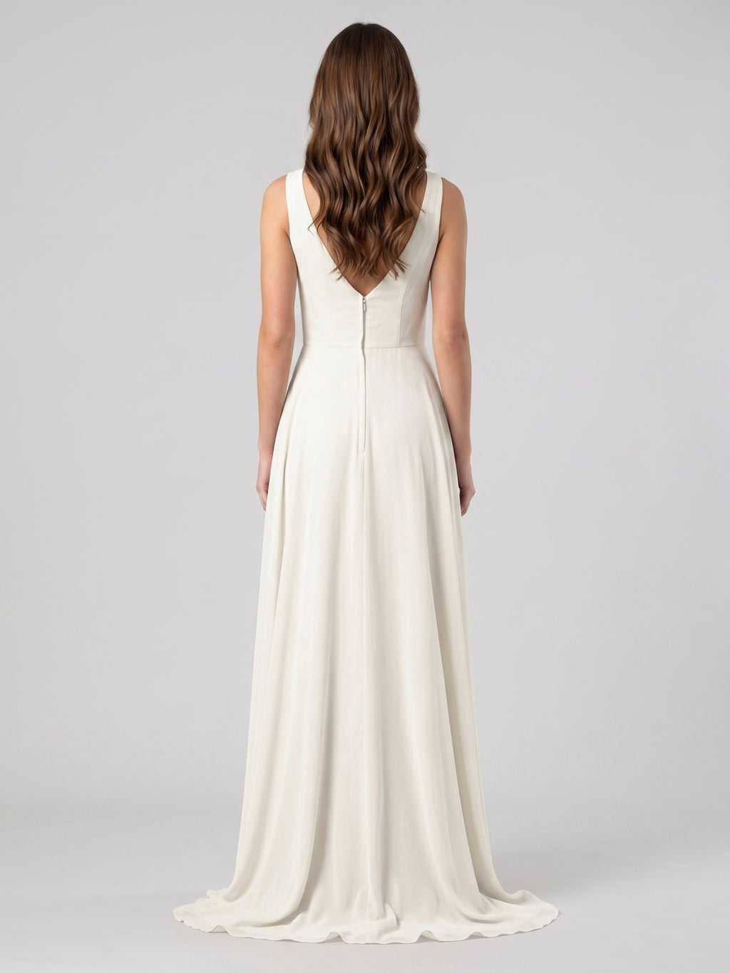 Ivory Chiffon A-Line Scoop Neck V-Back Floor-Length Pleated Bridesmaid Dress