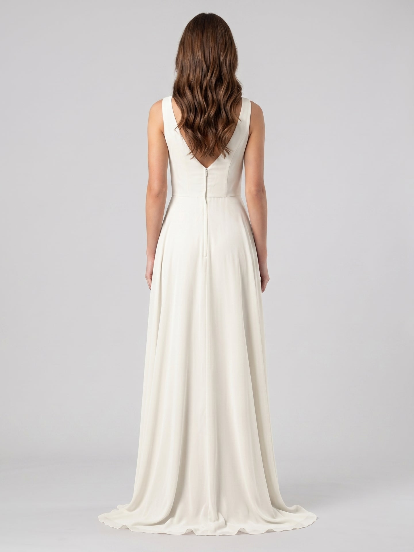 Ivory Chiffon A-Line Scoop Neck V-Back Floor-Length Pleated Bridesmaid Dress