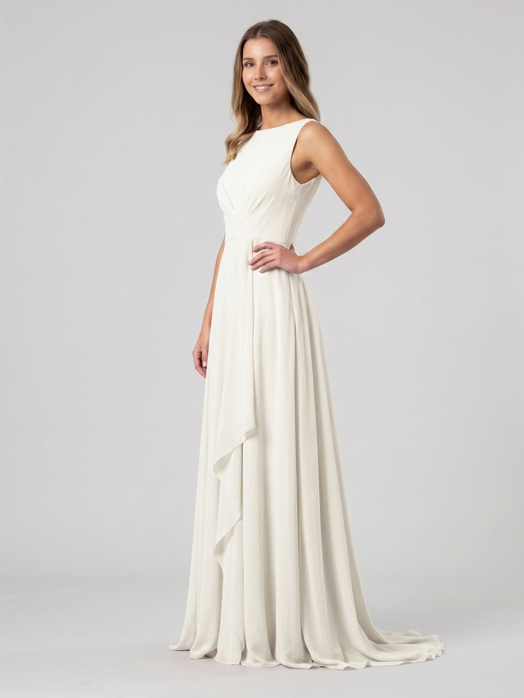 Ivory Chiffon A-Line Scoop Neck V-Back Floor-Length Pleated Bridesmaid Dress