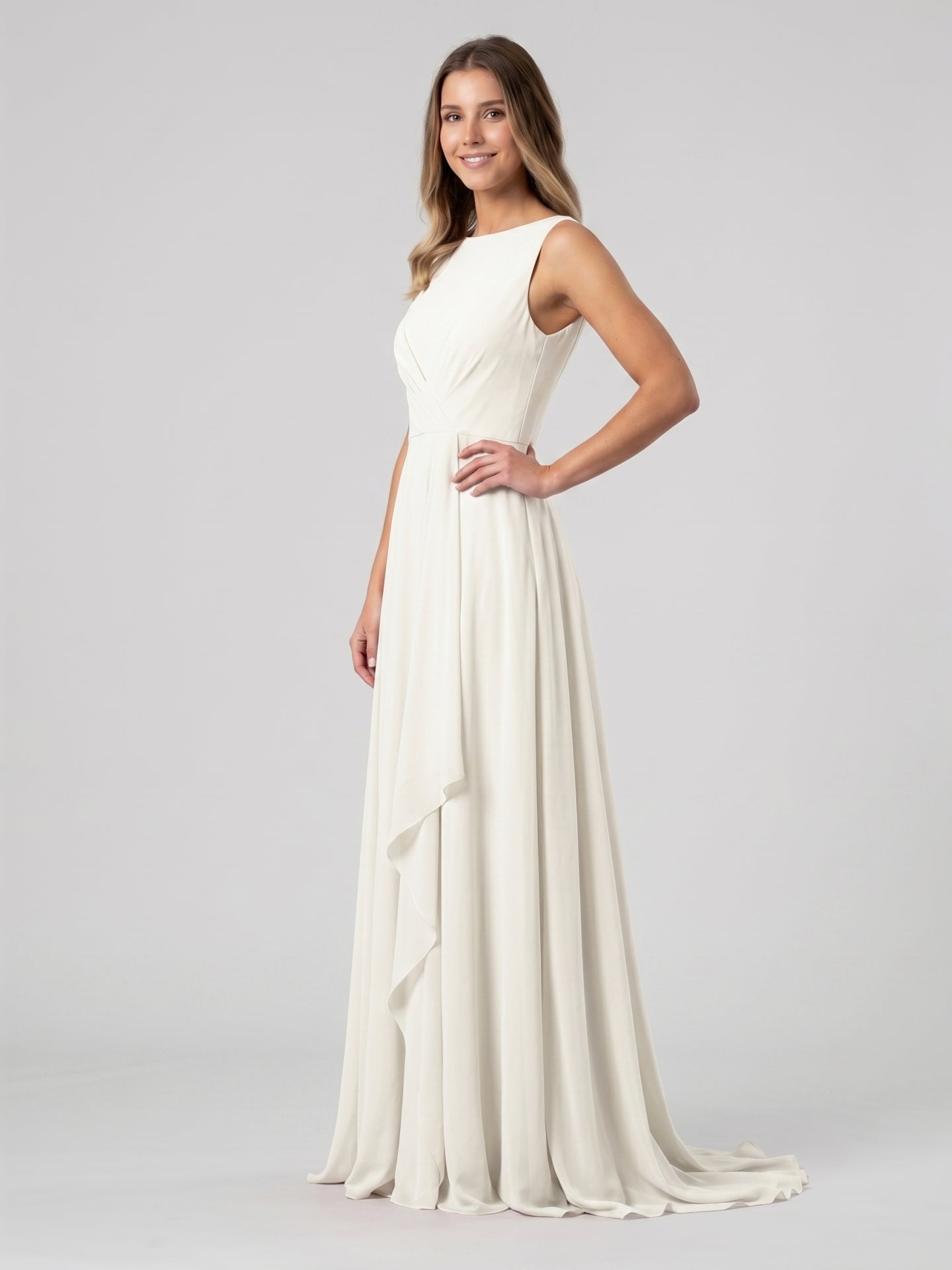 Ivory Chiffon A-Line Scoop Neck V-Back Floor-Length Pleated Bridesmaid Dress